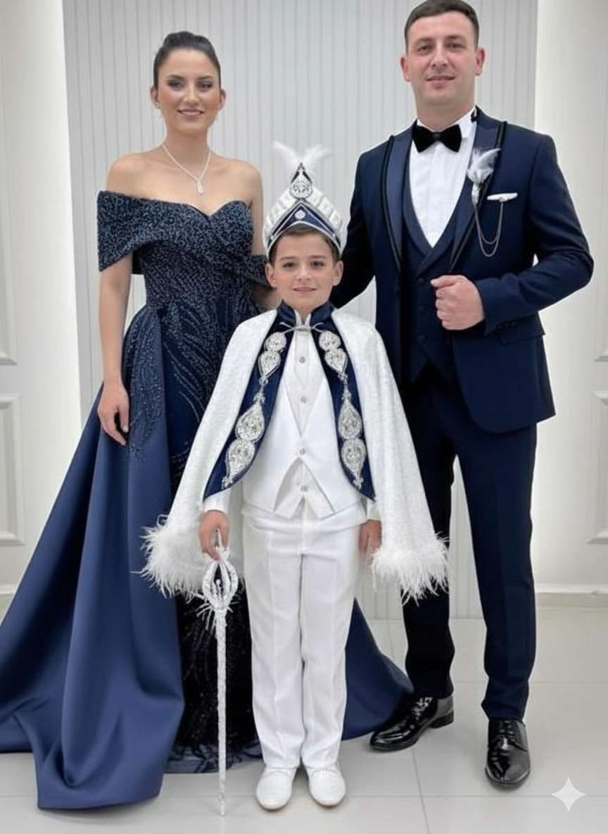 Özel Tasarım Asimetrik Madonna Yaka Pelerinli Balık Abiye Nakışlı Krem Pelerin Lacivert Damatlık Kombinli Set 213