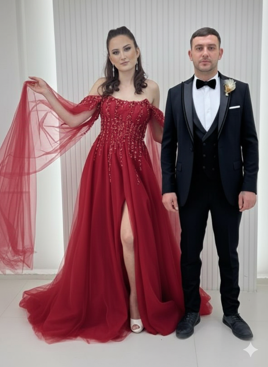 Özel Tasarım Straplez  Koldan Pelerinli Helen Model Abiye Siyah Damatlık Kombinli Set 245