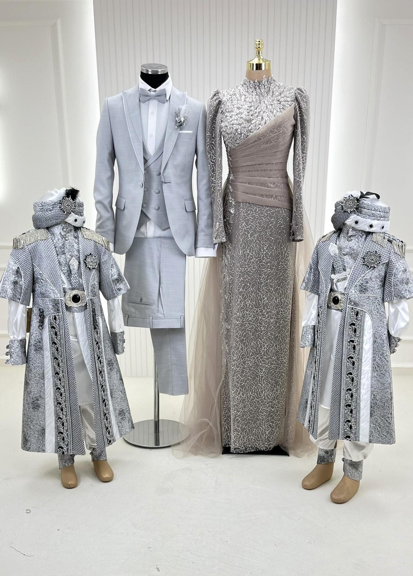Üstü Gümüş Dantel Tesettür Abiye Apoletli Kaftan Damatlık Kombin Set 54