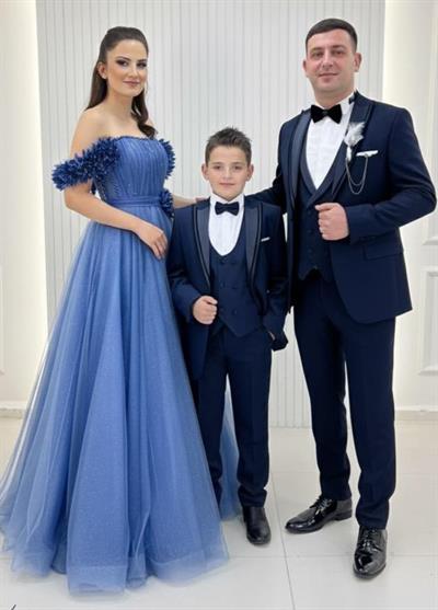 Düşük Kollu Çiçekli Helen Model Abiye Lacivert Damatlık Kombinli Set 263