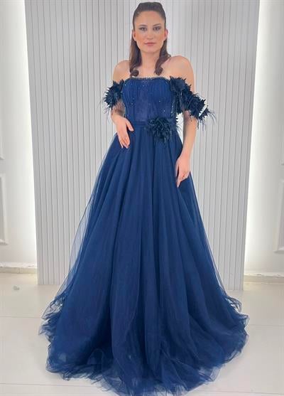 Lacivert A Kesim Beli Kolları Çiçekli Abiye Elbise