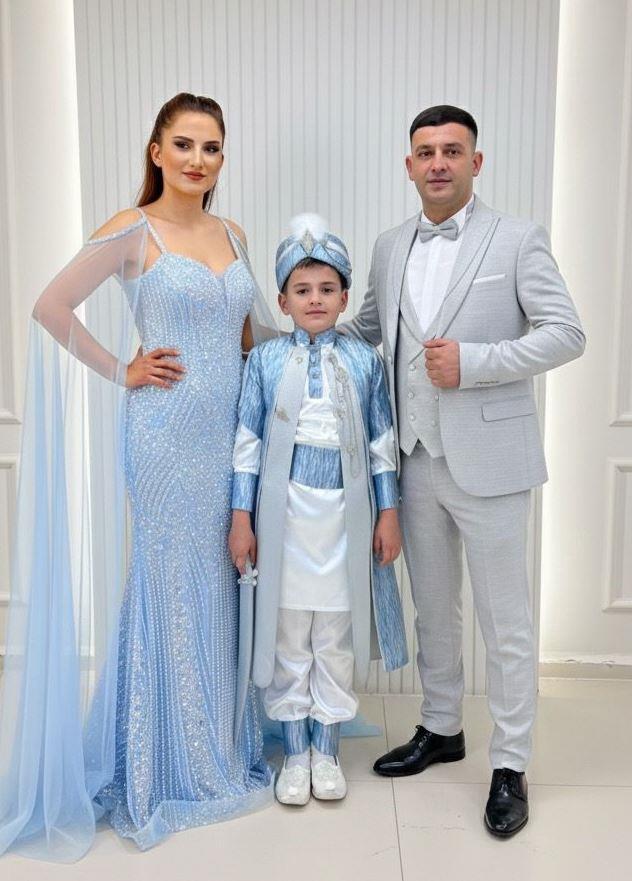 Bebe Mavi Özel Nakışlı Dantel Abiyeli Mavi Kaftanlı Gri Damatlıklı Kombin 159