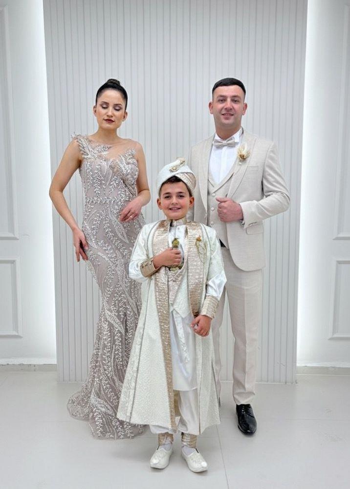 Bej Gümüş Dantelli Üstü Tüllü Abiyeli Krem Kaftan Krem Damatlıklı Kombin Set 148