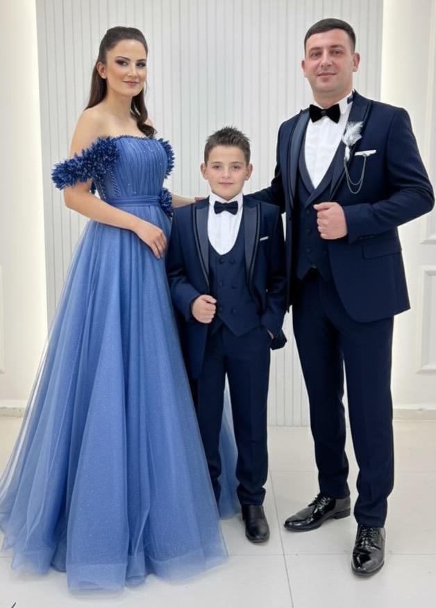 Düşük Kollu Çiçekli Helen Model Abiye Lacivert Damatlık Kombinli Set 263