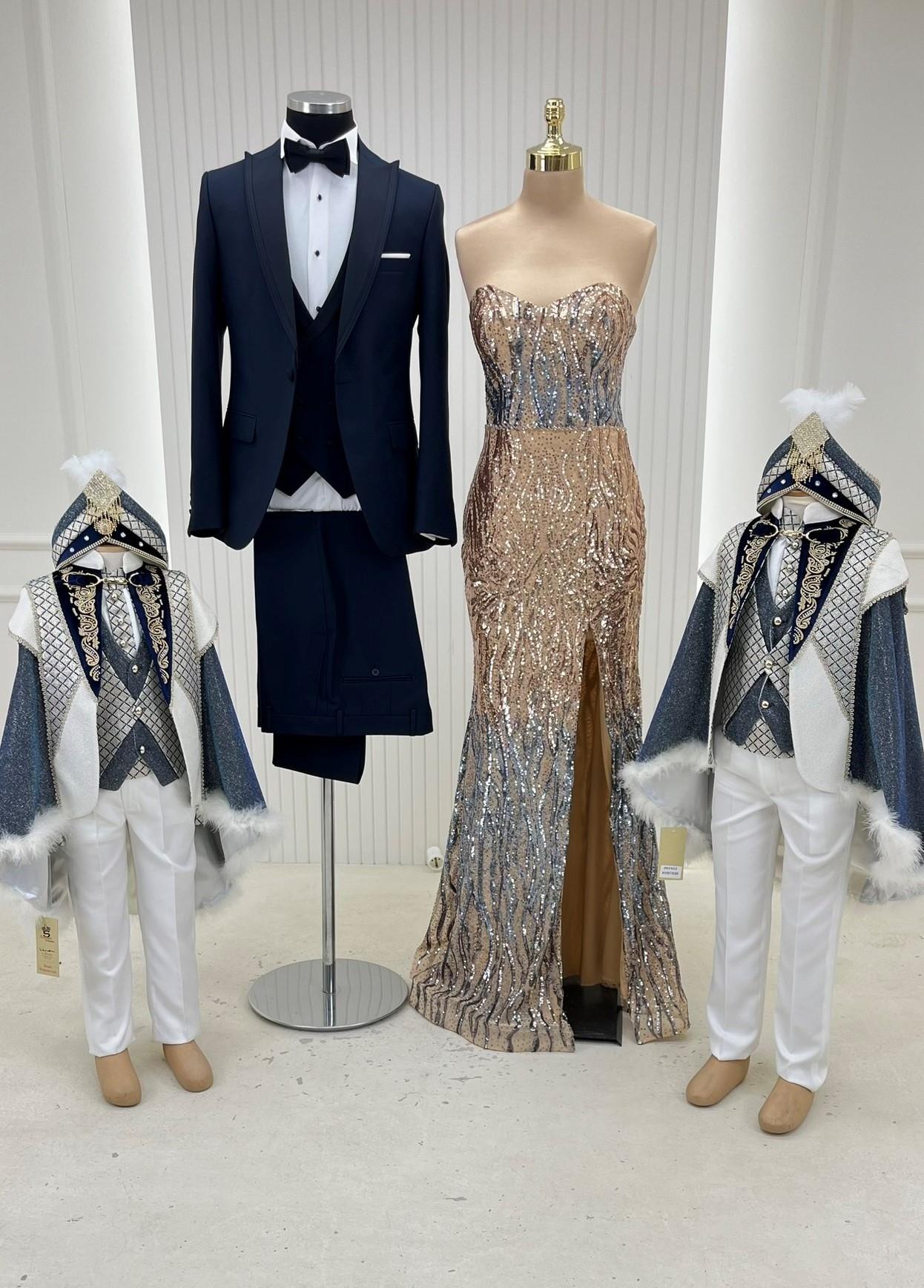 Gold Degrade Balık Abiye Otantik Nakışlı Pelerinli Damatlık Kombin