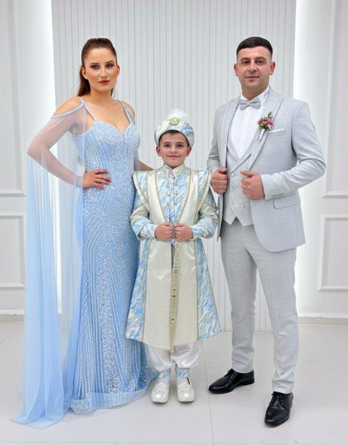 İnce Askılı Koldan Pelerinli Özel Tasarım Abiyeli Mavi Kaftanlı Gri Damatlıklı Kombin Set140