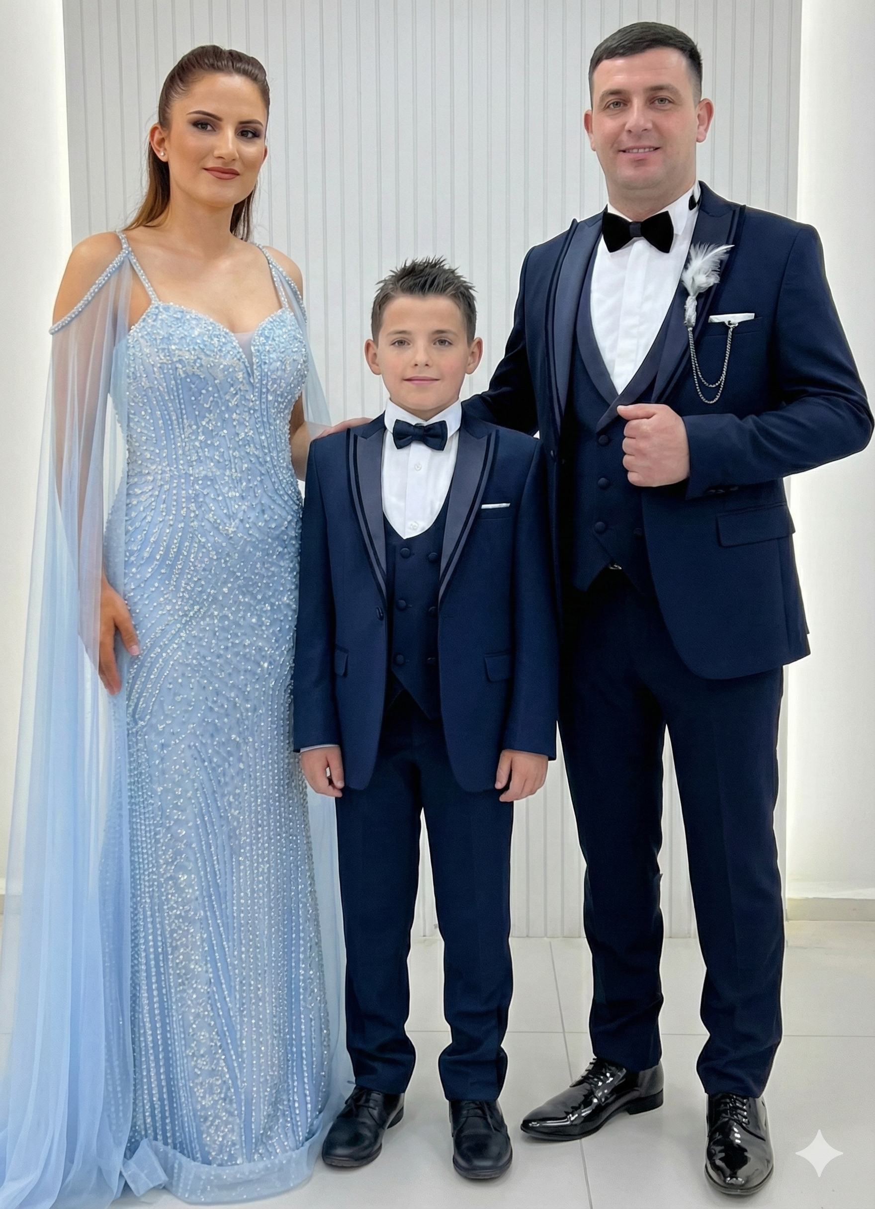 İthal Koldan Pelerinli Kalp Yaka Taş Balık Abiye Lacivert Baba Oğul Damatlık Kombinli Set 259