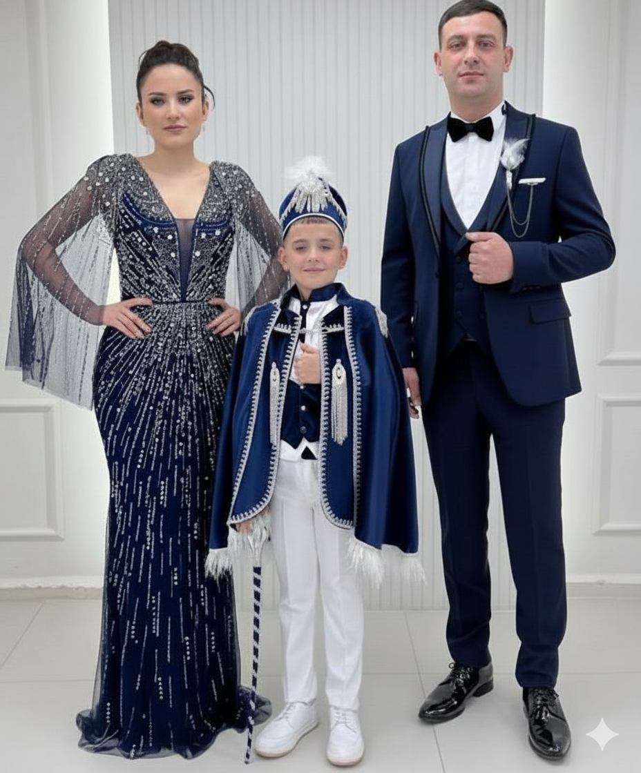 İthal Kolları Pelerinli Taşlı Balık Abiye Kadife Pelerinli Lacivert Damatlık Kombinli Set 224 