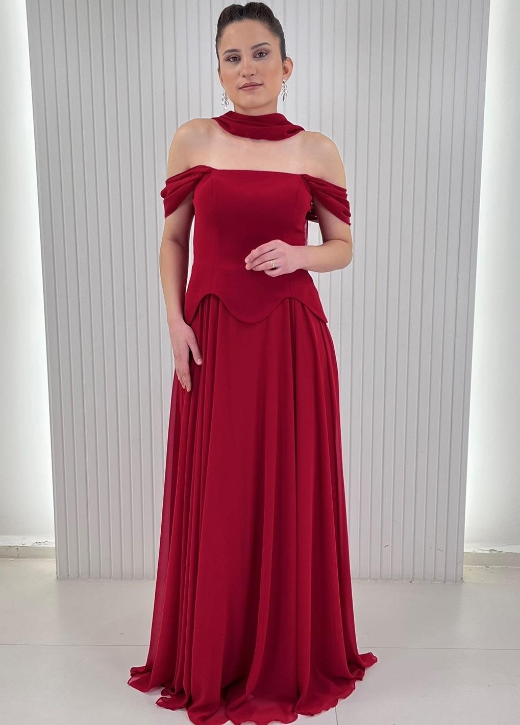 Kırmızı Kayık Yaka Peplum Kesim Uzun Şifon Abiye Elbise 