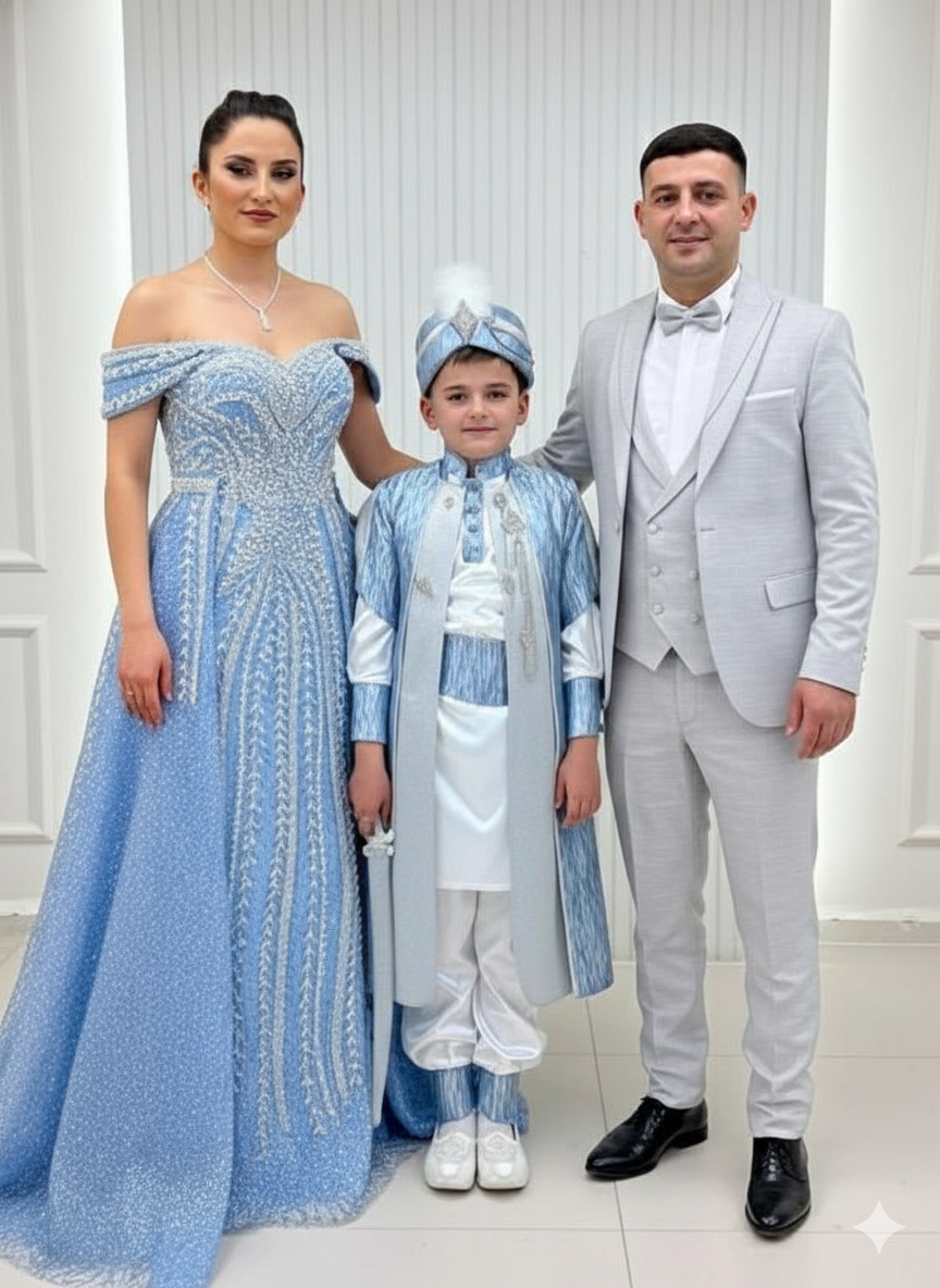Özel Tasarım Madonna Yaka Demonte Pelerinli Balık Abiye Mavi Desenli Kaftan Gri Dokulu Damatlık Kombinli Set 234