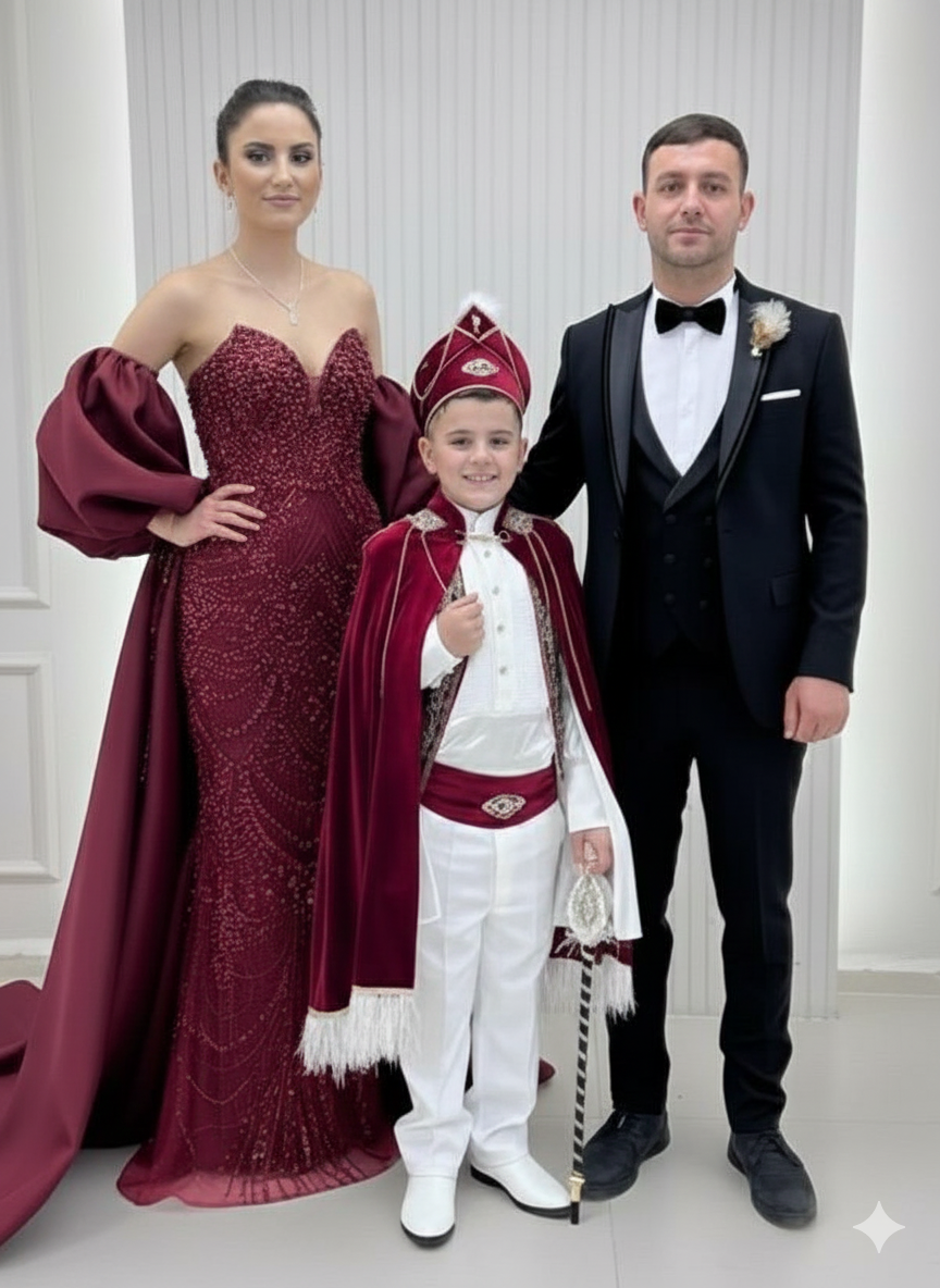 Özel Tasarım Takma Kollu Ve Pelerinli Balık Abiye Bordo Kadife Pelerin Siyah Damatlık Kombinli Set 223