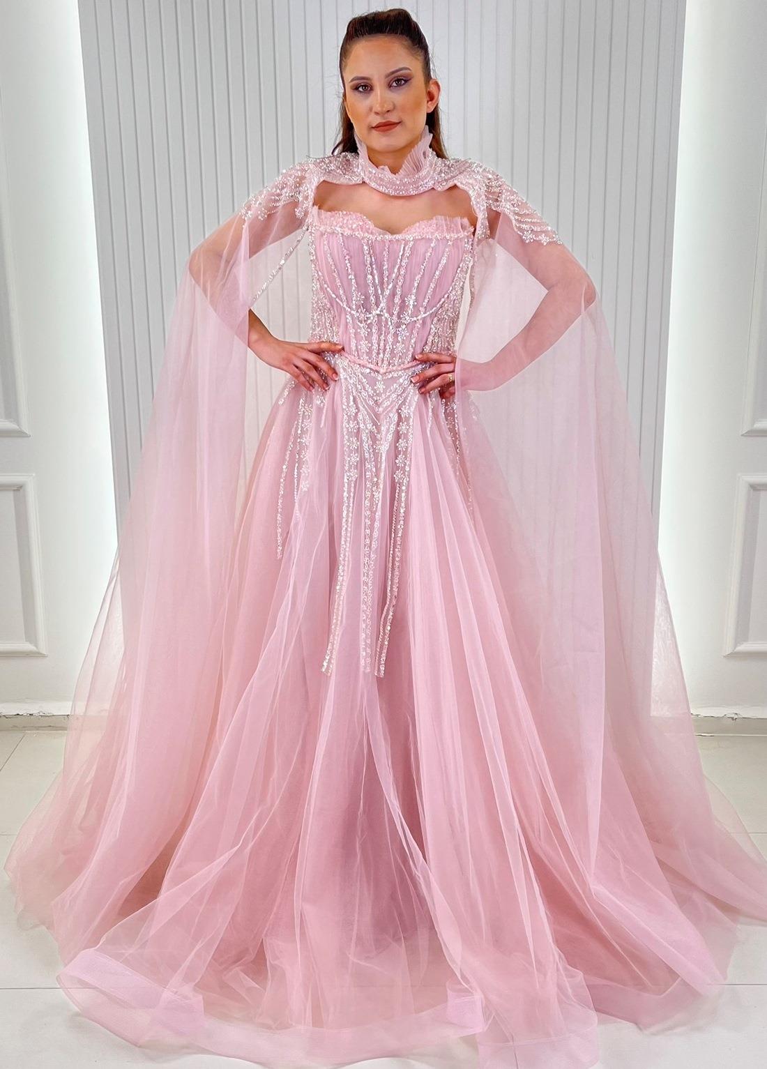 Pembe Beyaz İncili Aplikli A Kesim Abiye Elbise