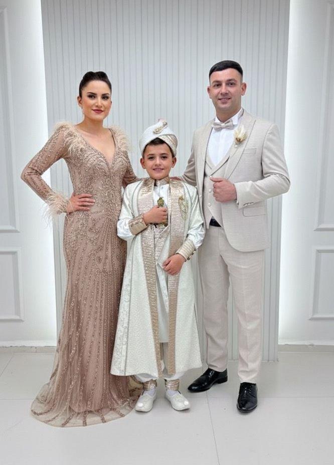 Uzun Kollu Omzu Kolları Otrişli Tasarım Elbiseli Krem Kaftan Krem Damatlıklı Kombin Set 147