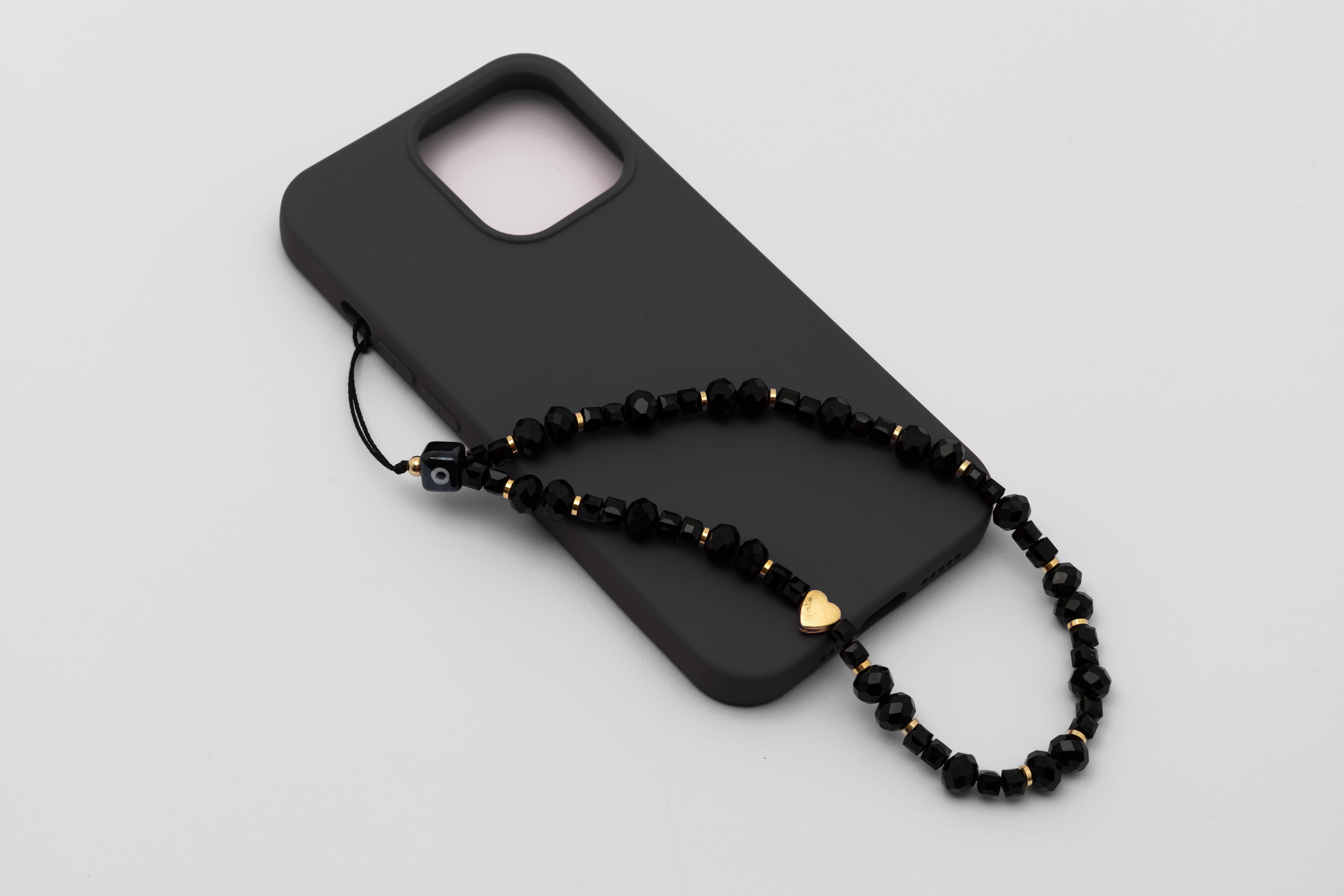 Kristal Boncuk Telefon Charm Siyah