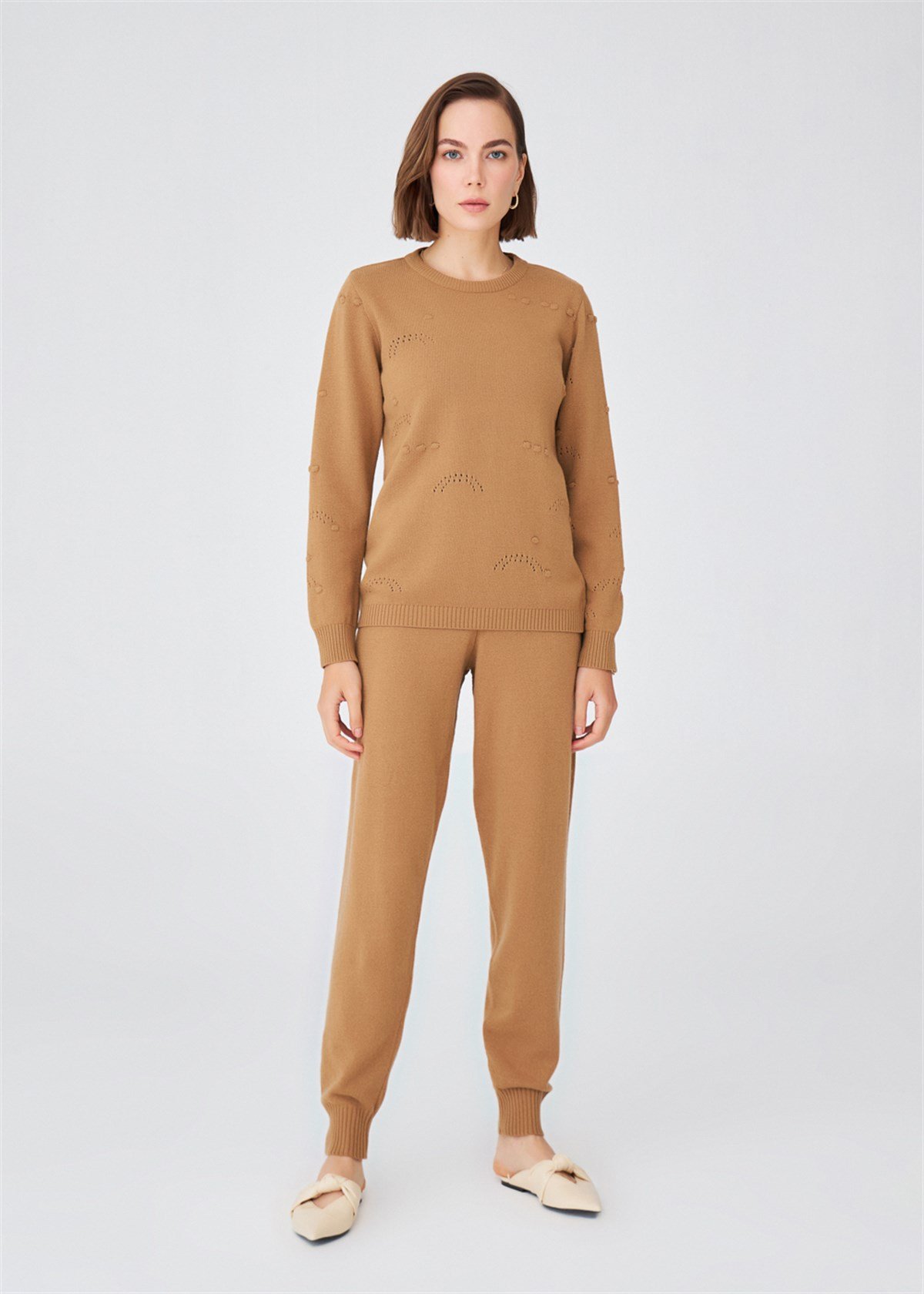 Peraluna geprägter durchbrochener Detail Kaschmirmischung O-Ausschnitt Strickpullover - Bild 10 von 36