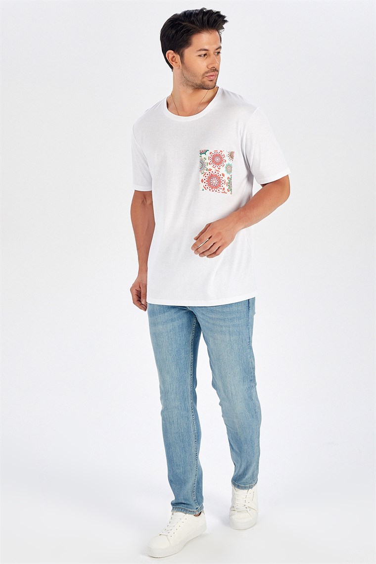 Peraluna Cep Desenli Düz Kesim Beyaz Uzun T-Shirt