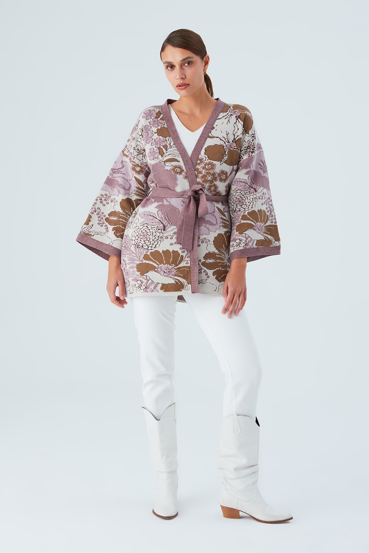 Peraluna Çicek Desenli Bol Kesim Pamuklu Kadın Triko Kimono Mor