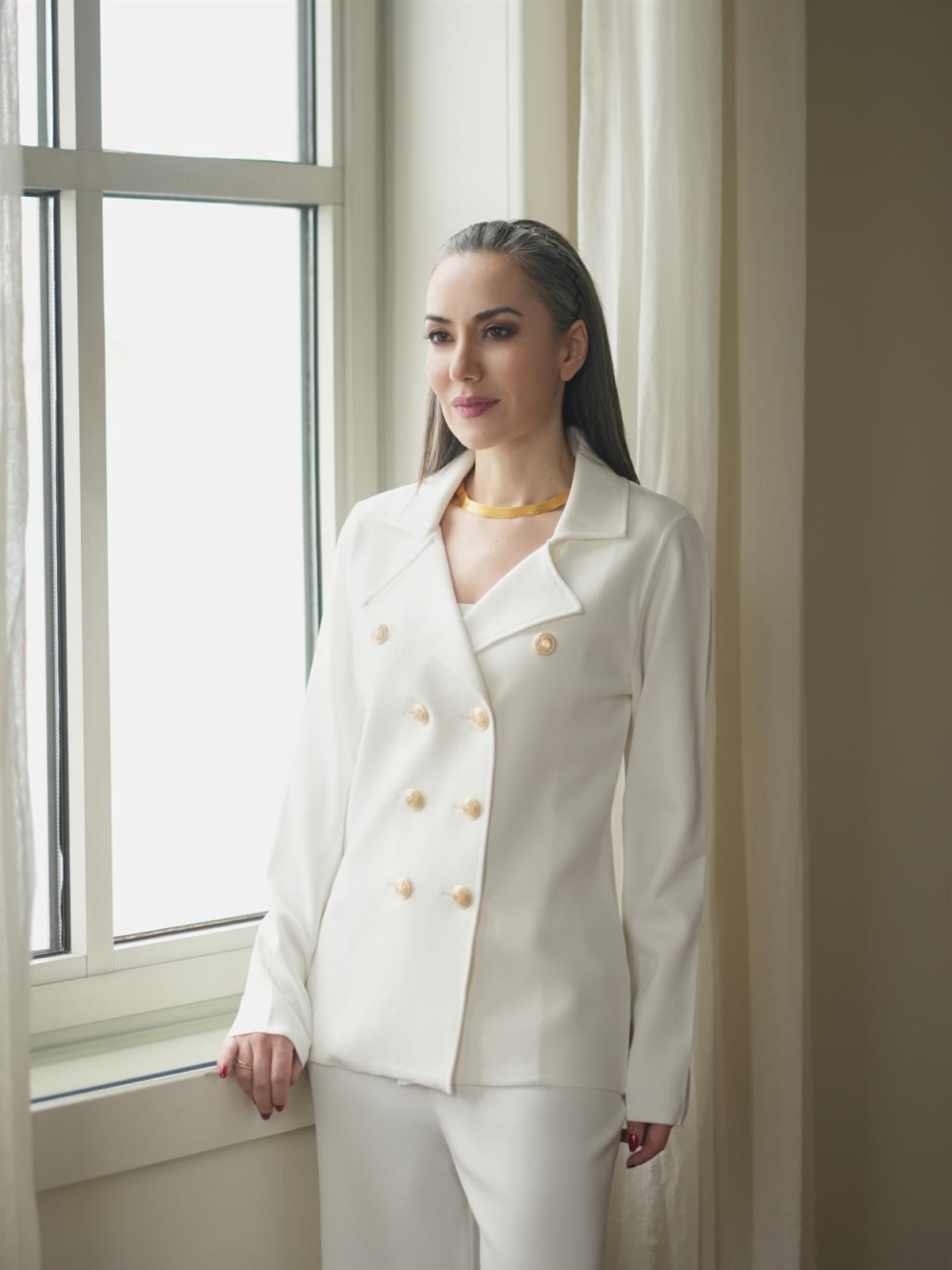 Peraluna KATHERINE BLAZER Çelik Örgü Klasik Kesim Düğmeli Blazer Kadın Triko Ceket Ekru