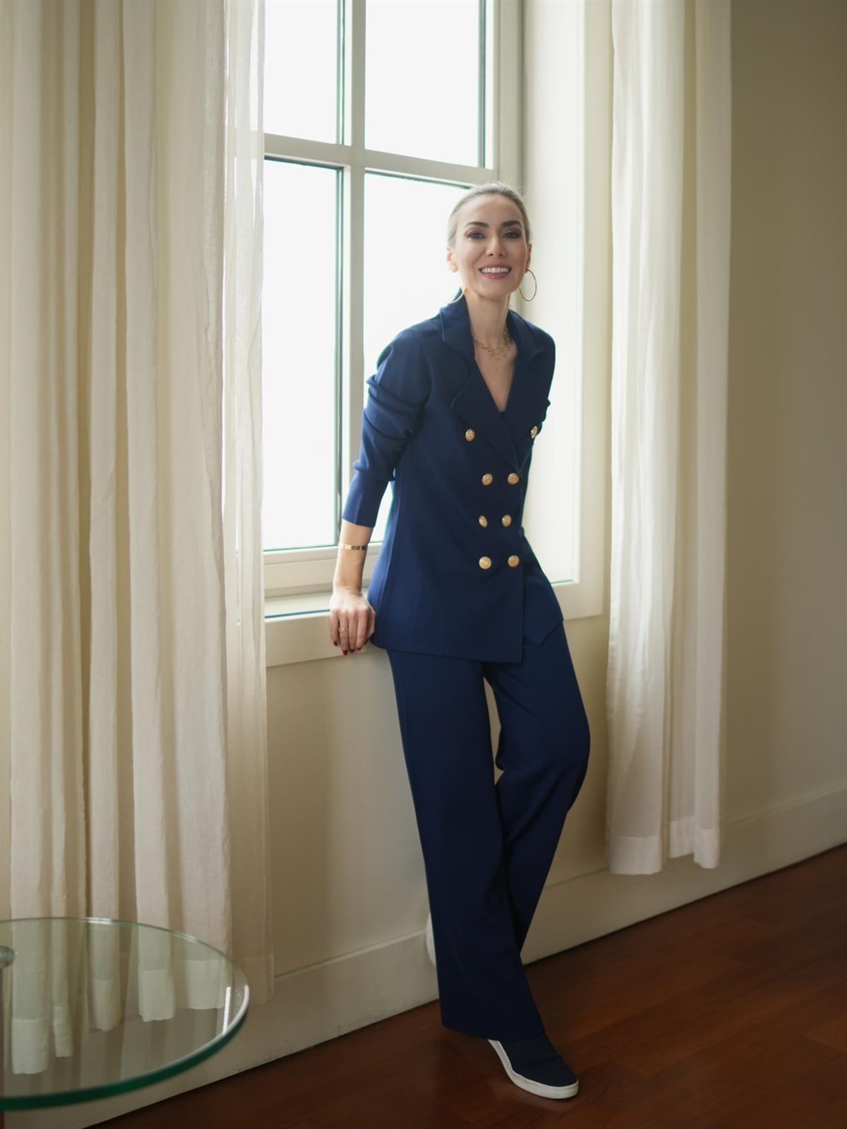Peraluna KATHERINE BLAZER Çelik Örgü Klasik Kesim Düğmeli Blazer Kadın Triko Ceket Lacivert