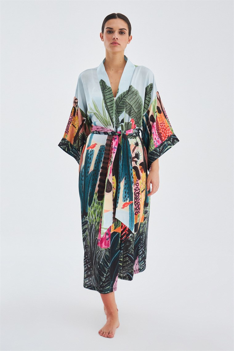 Peraluna KAURİ Tropik Desenli Bilek Hizası Saten Kadın Kimono Çok Renkli