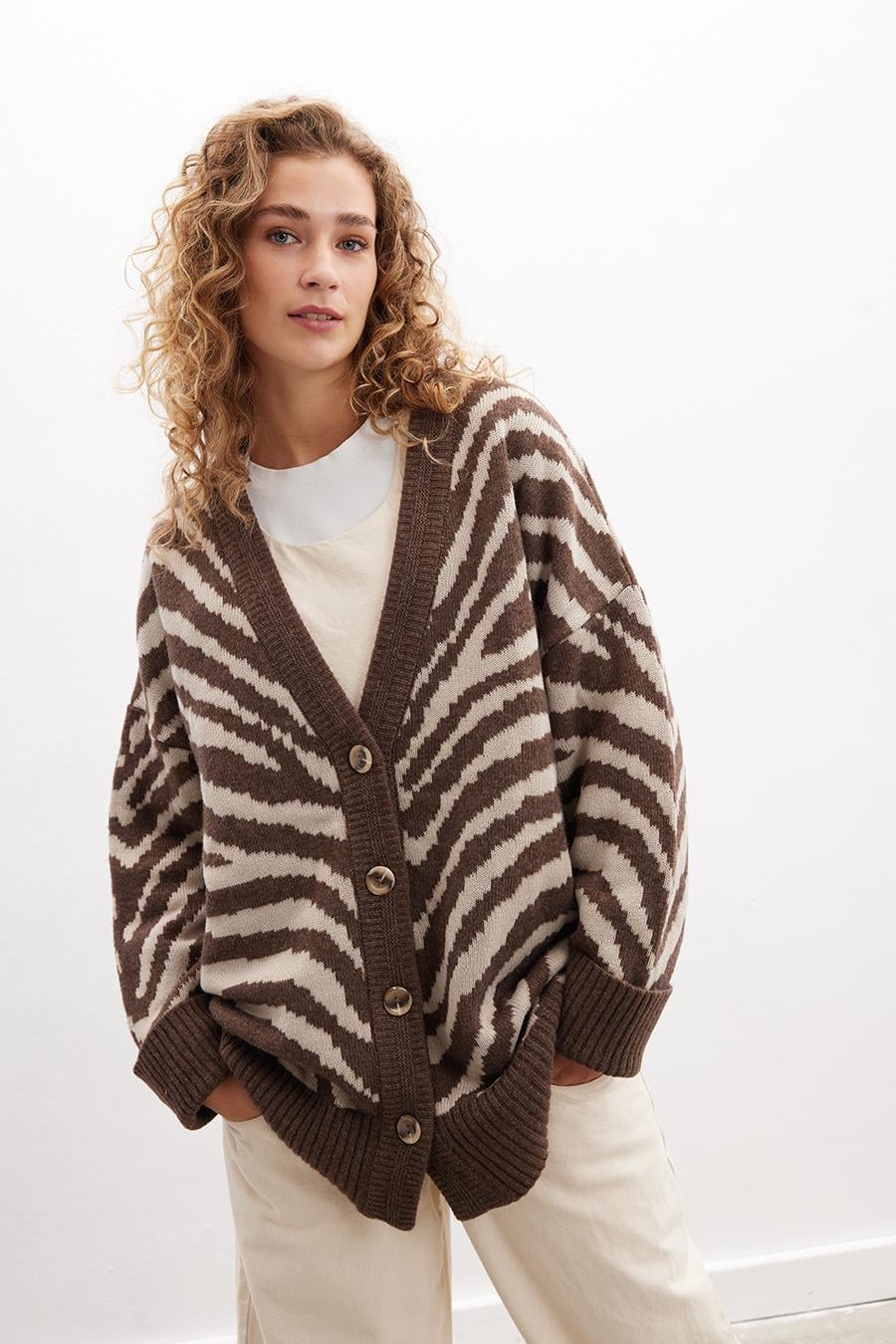 Peraluna ZEBRA CARDIGAN V Yaka Zebra Desen Organik Pamuk-Yün