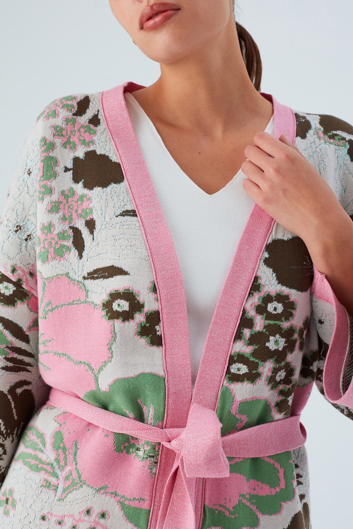 Peraluna Çicek Desenli Bol Kesim Pamuklu Kadın Triko Kimono Çok Renkli