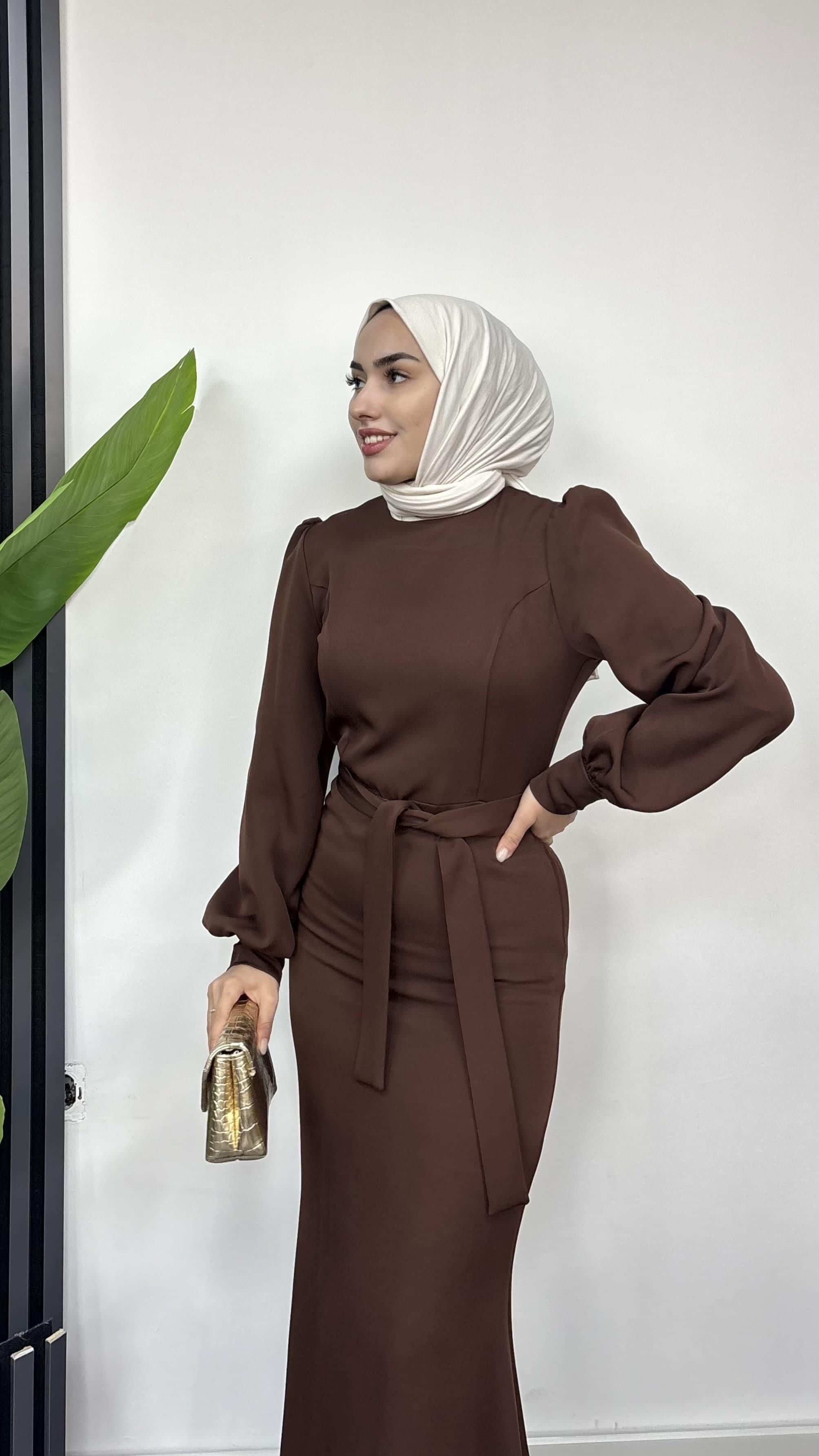 Balık Model Dabıl Krep Tesettür Abiye Kahverengi