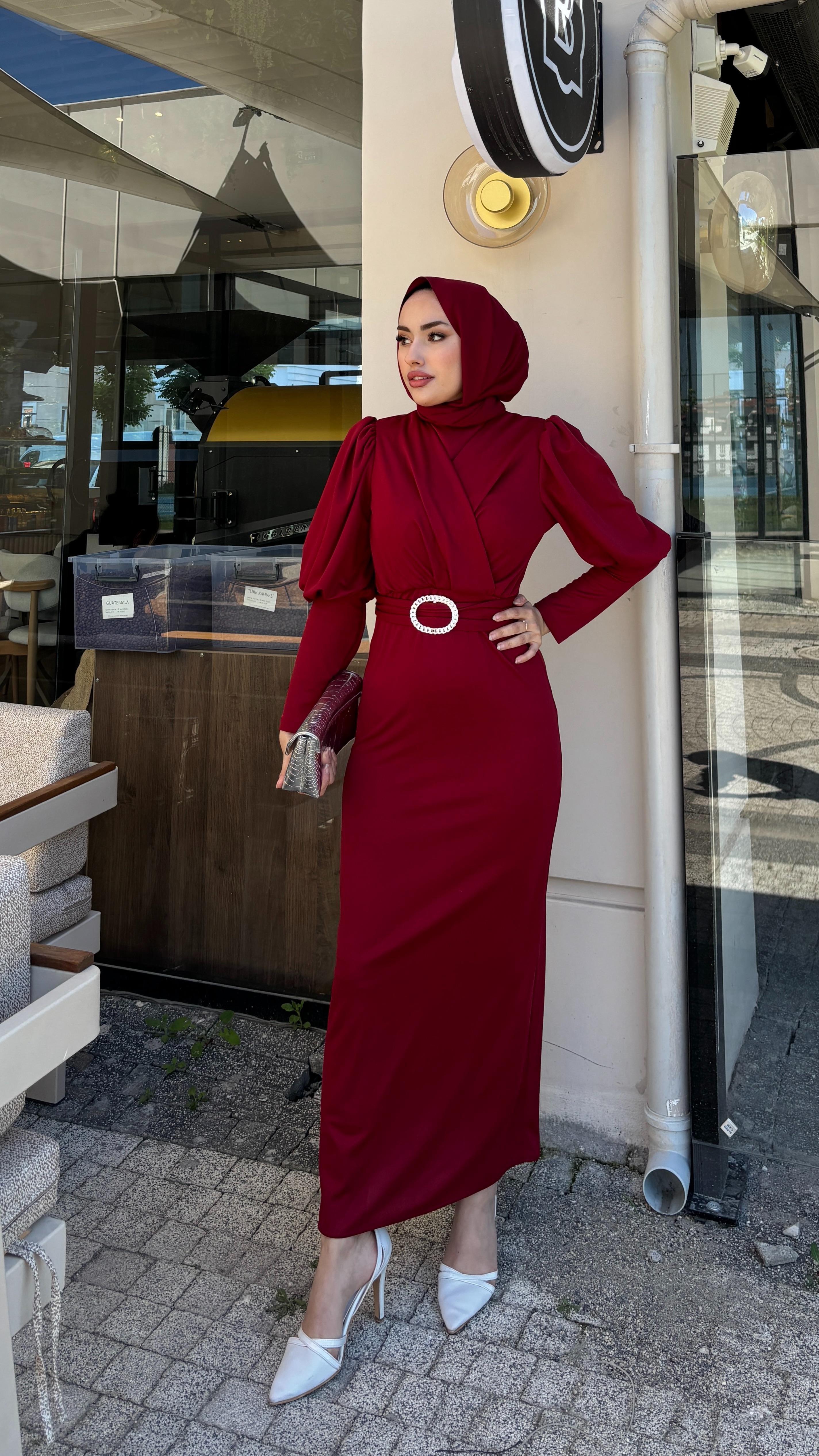 Çapraz Scuba Kalem Elbise Bordo