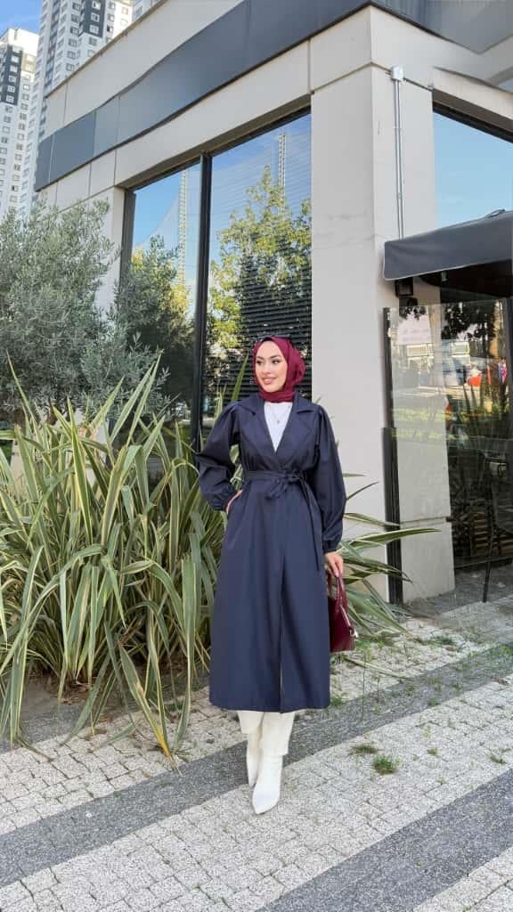 Kemerli Trençkot Lacivert