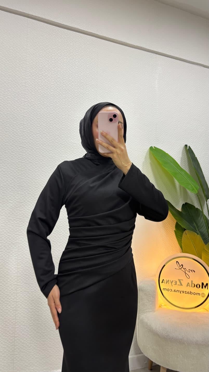 Nisa Önü Drapeli Tesettür Elbise Siyah 