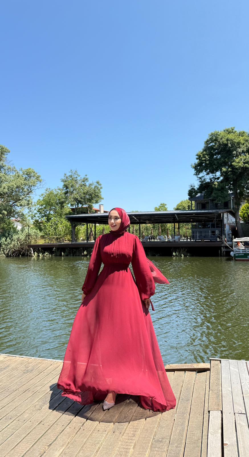 ARKASI KUYRUKLU SEDEF ŞİFON ABİYE BORDO