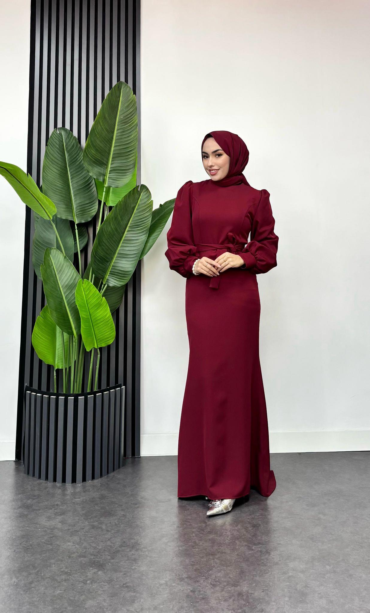 Balık Model Dabıl Krep Tesettür Abiye Bordo