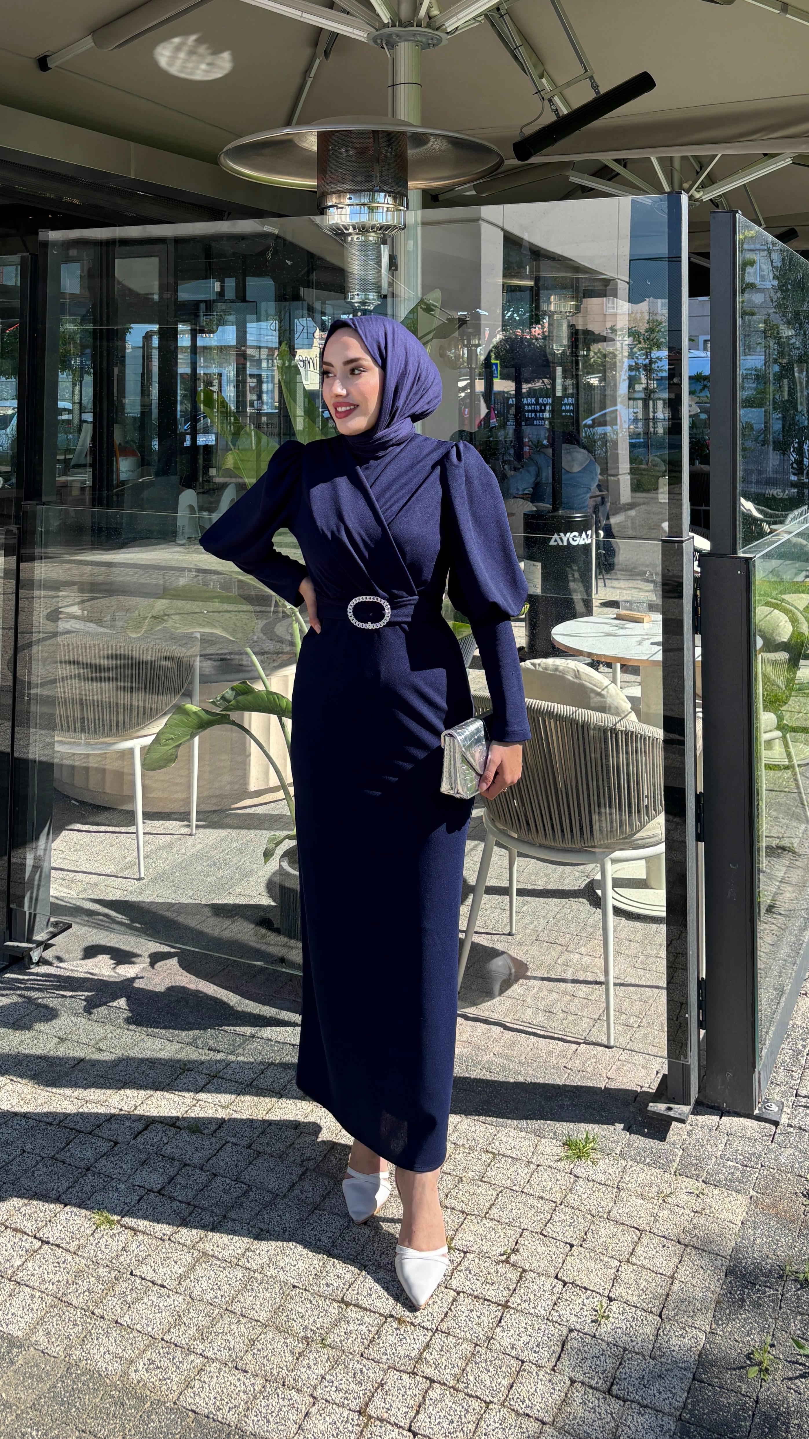 Çapraz Scuba Kalem Elbise Lacivert