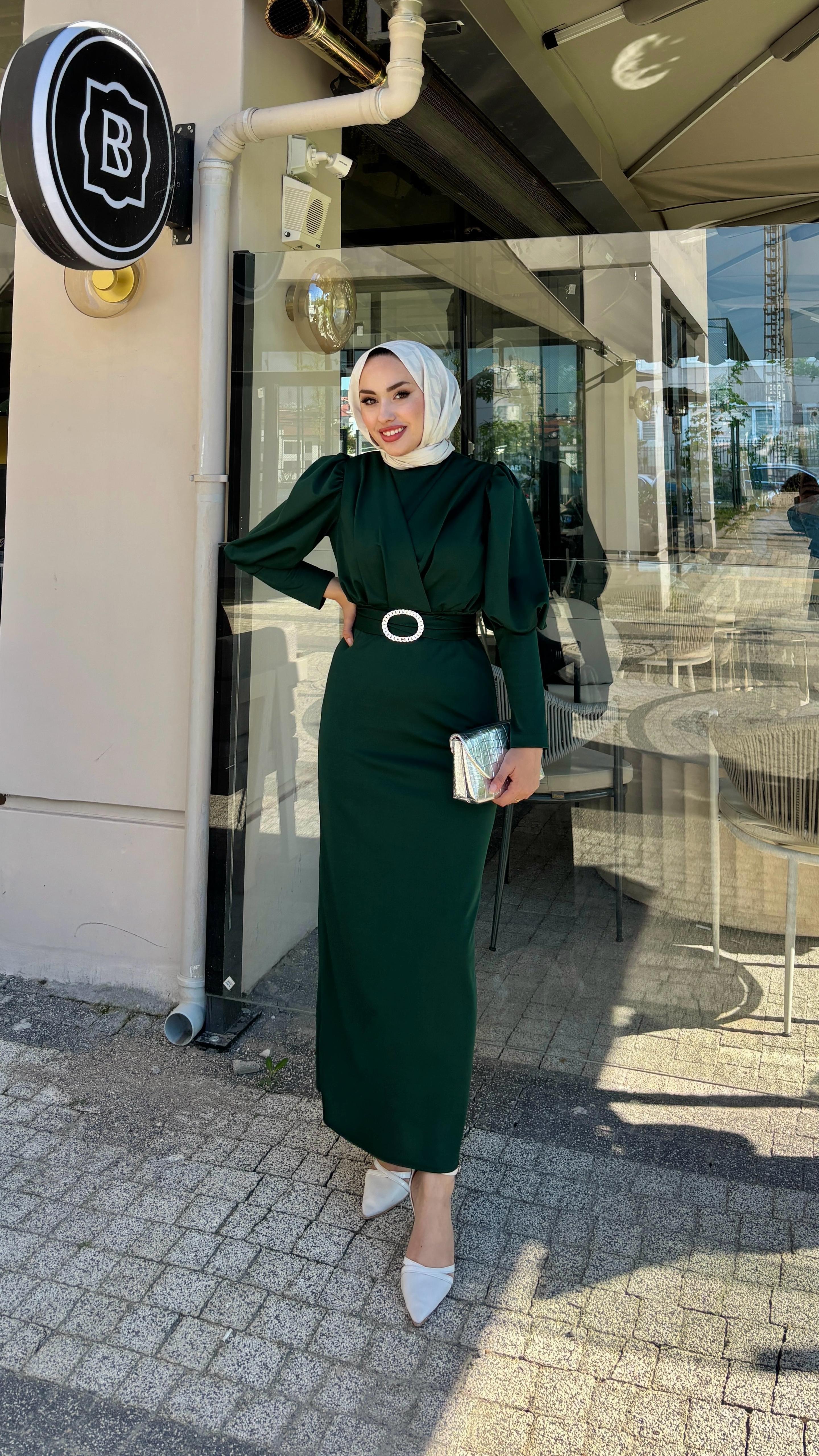 Çapraz Scuba Kalem Elbise Zümrüt Yeşili