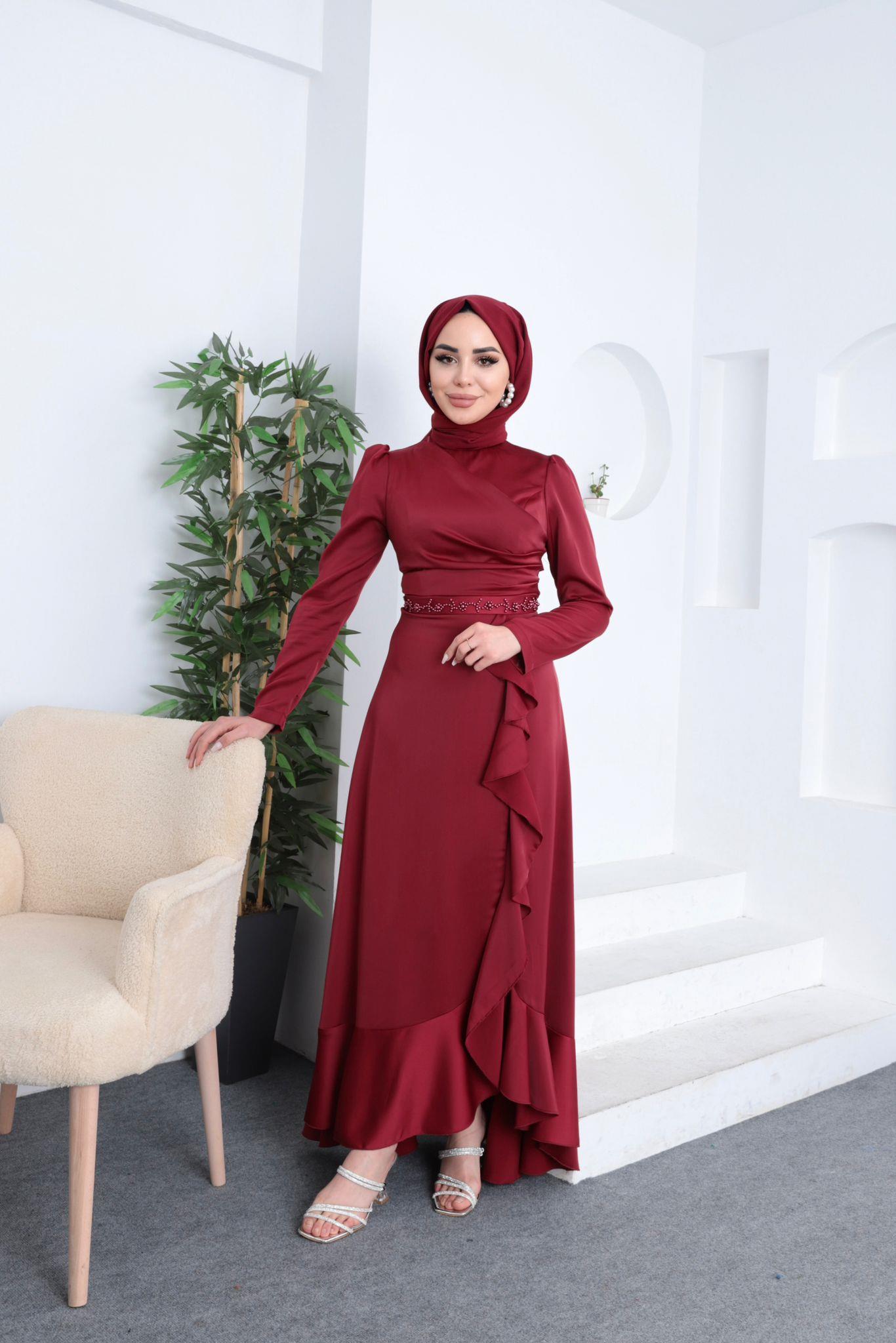Kemeri Boncuklu Abiye Bordo