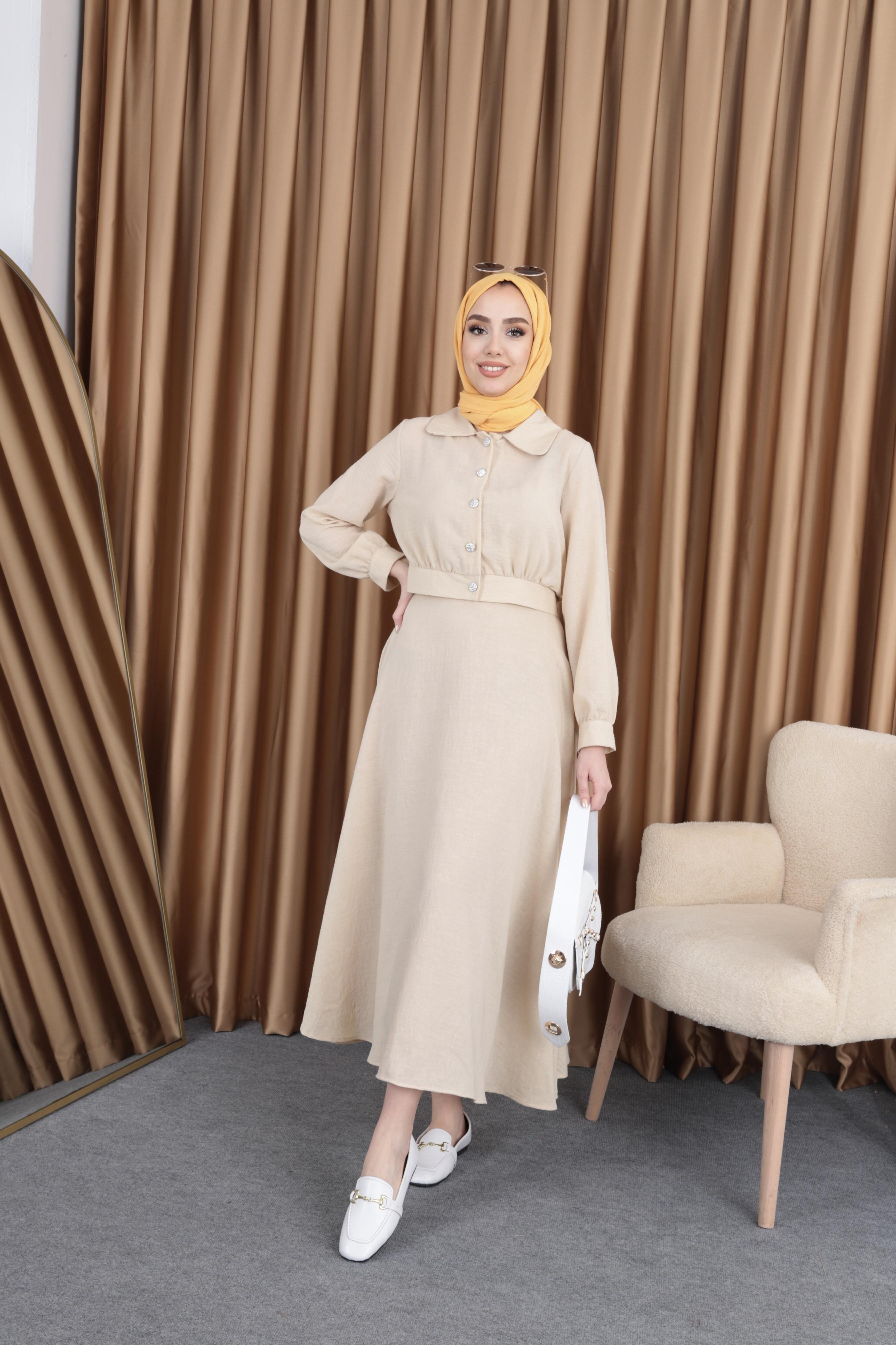 Lavin Düğmeli Etek Takım Krem