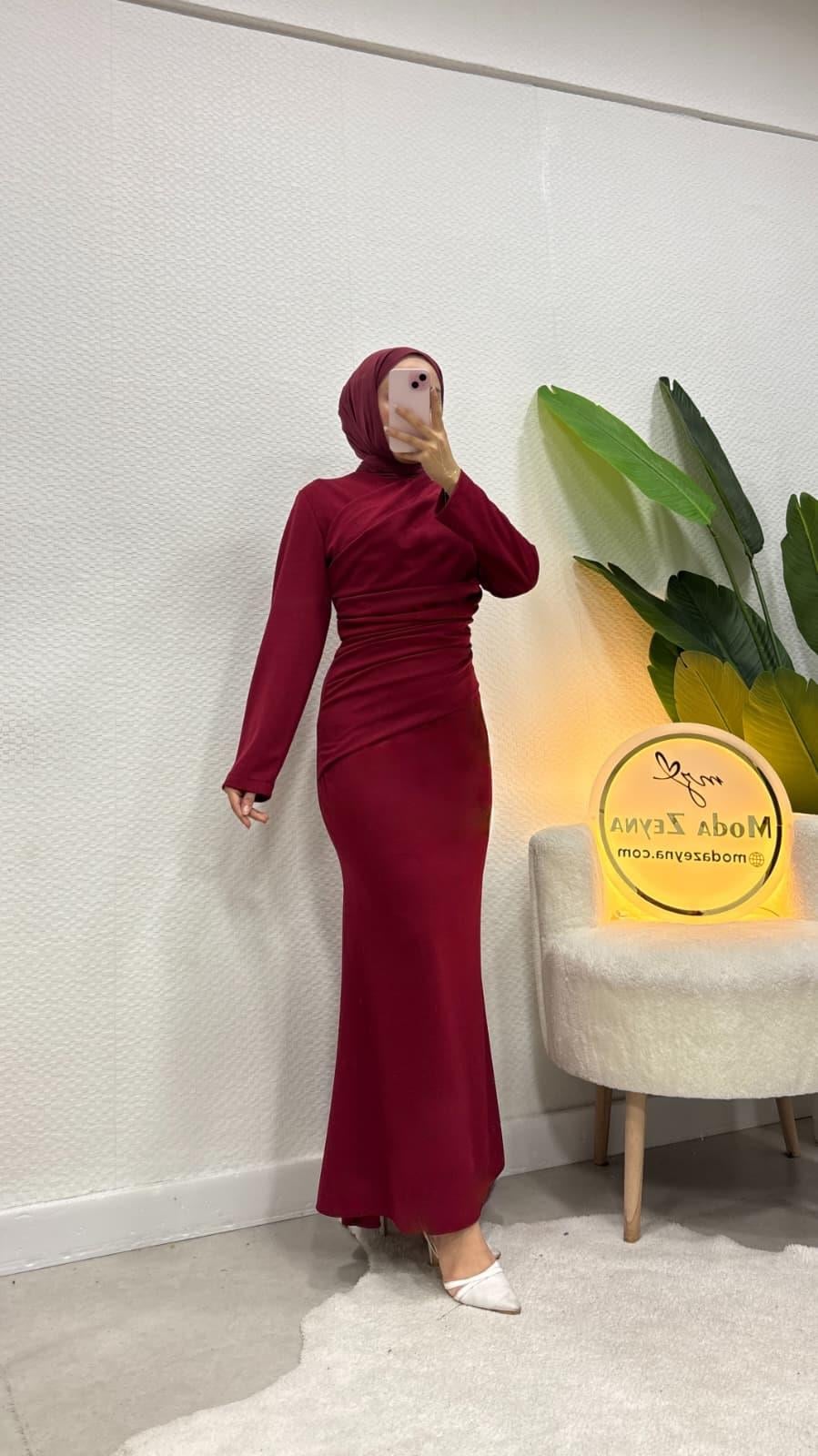 Nisa Önü Drapeli Tesettür Elbise Bordo