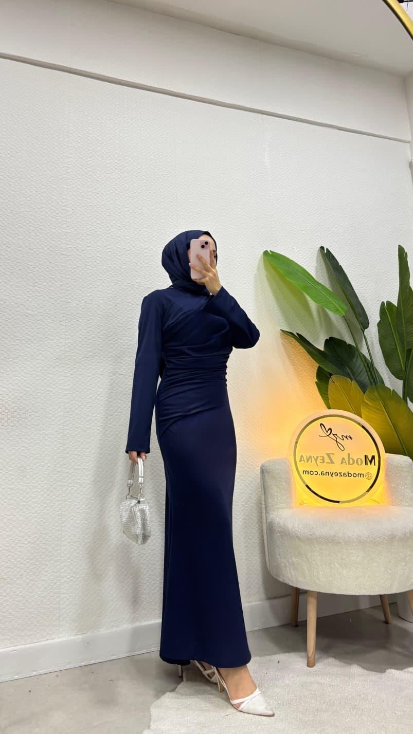 Nisa Önü Drapeli Tesettür Elbise Lacivert 