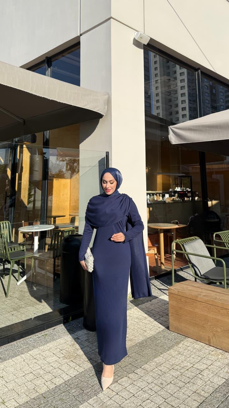 Pelerinli Scuba Elbise Lacivert