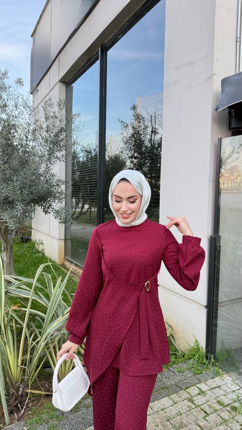 Taşlı Takım Bordo