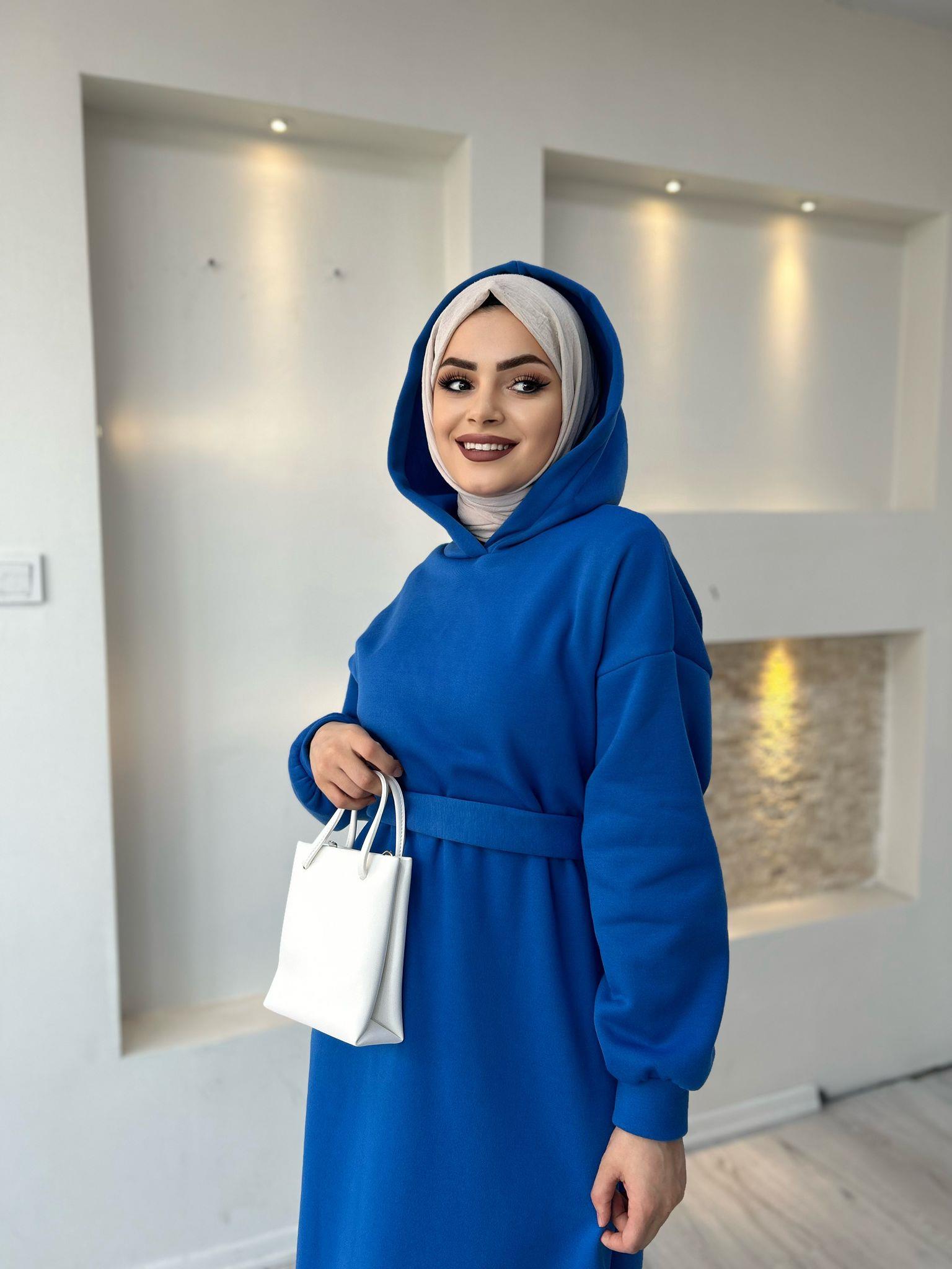 Üç İplik Kapşonlu Elbise Saks Mavisi