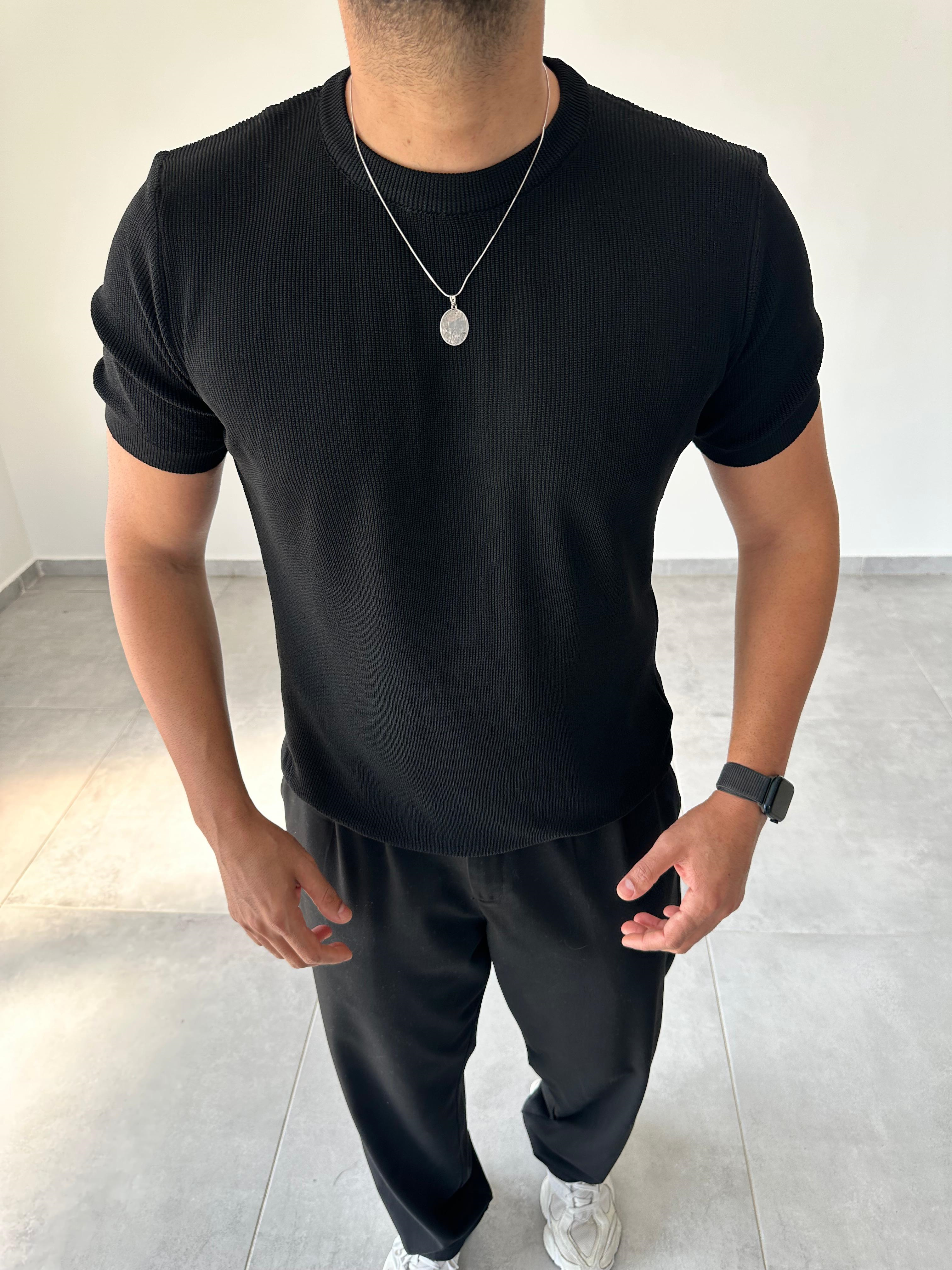 Siyah Renk Selanik Örme Regular Fit T-Shirt