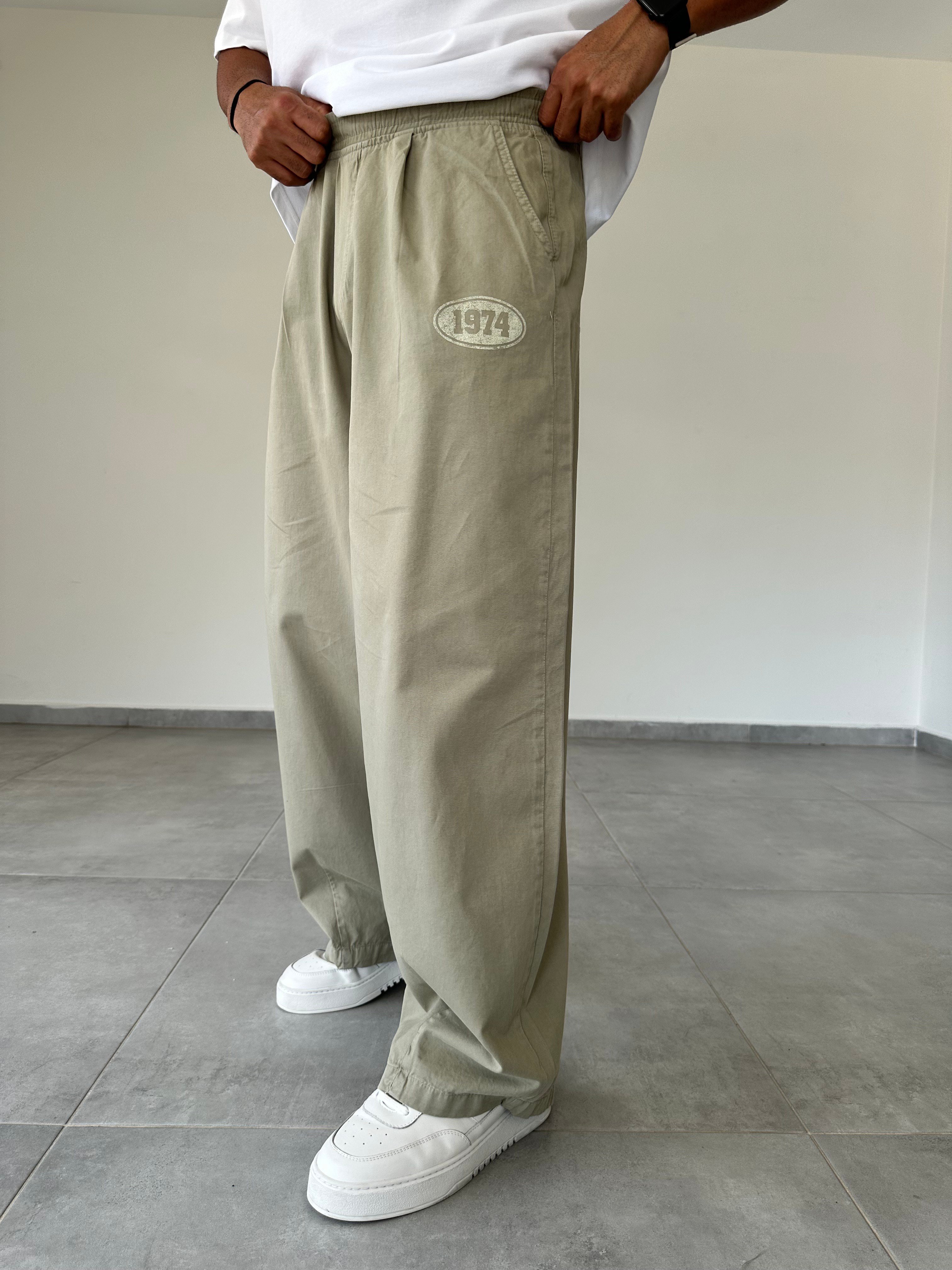 Yeşil Renk 1974 Baskı Detaylı Ekstra Bol Gabardin Baggy