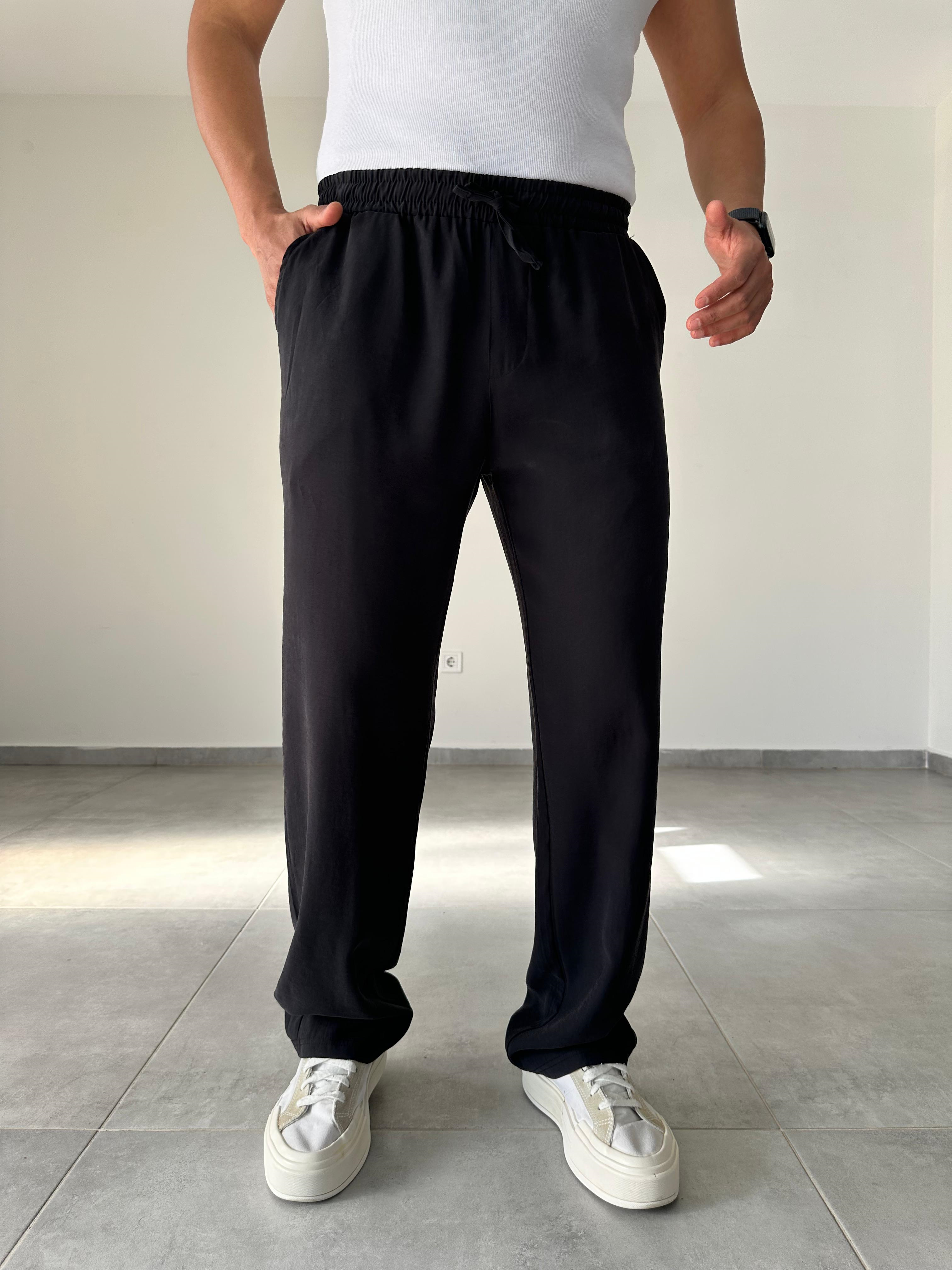 Modal Kumaş Siyah Renk Bel Kısmı Lastikli Basic Baggy Pantolon