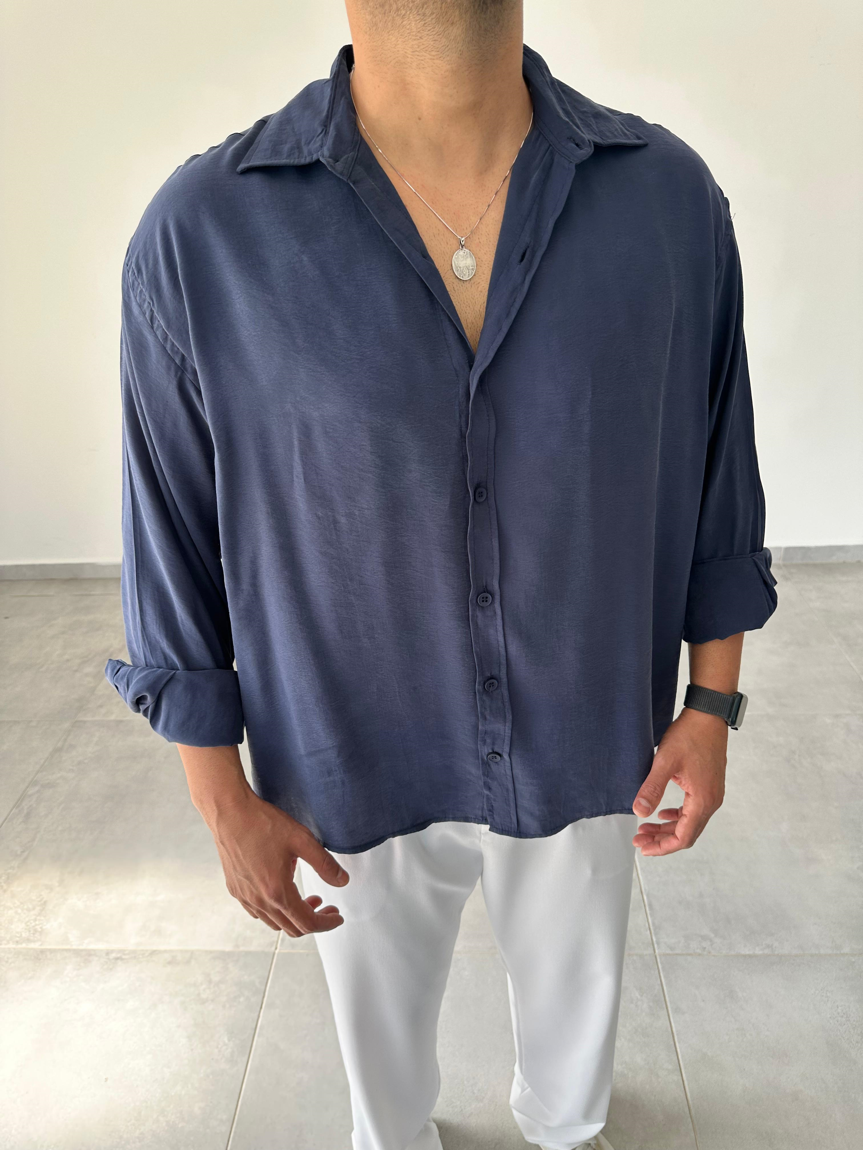 Lacivert Renk Modal Kumaş Oversize Kesim Basic Gömlek