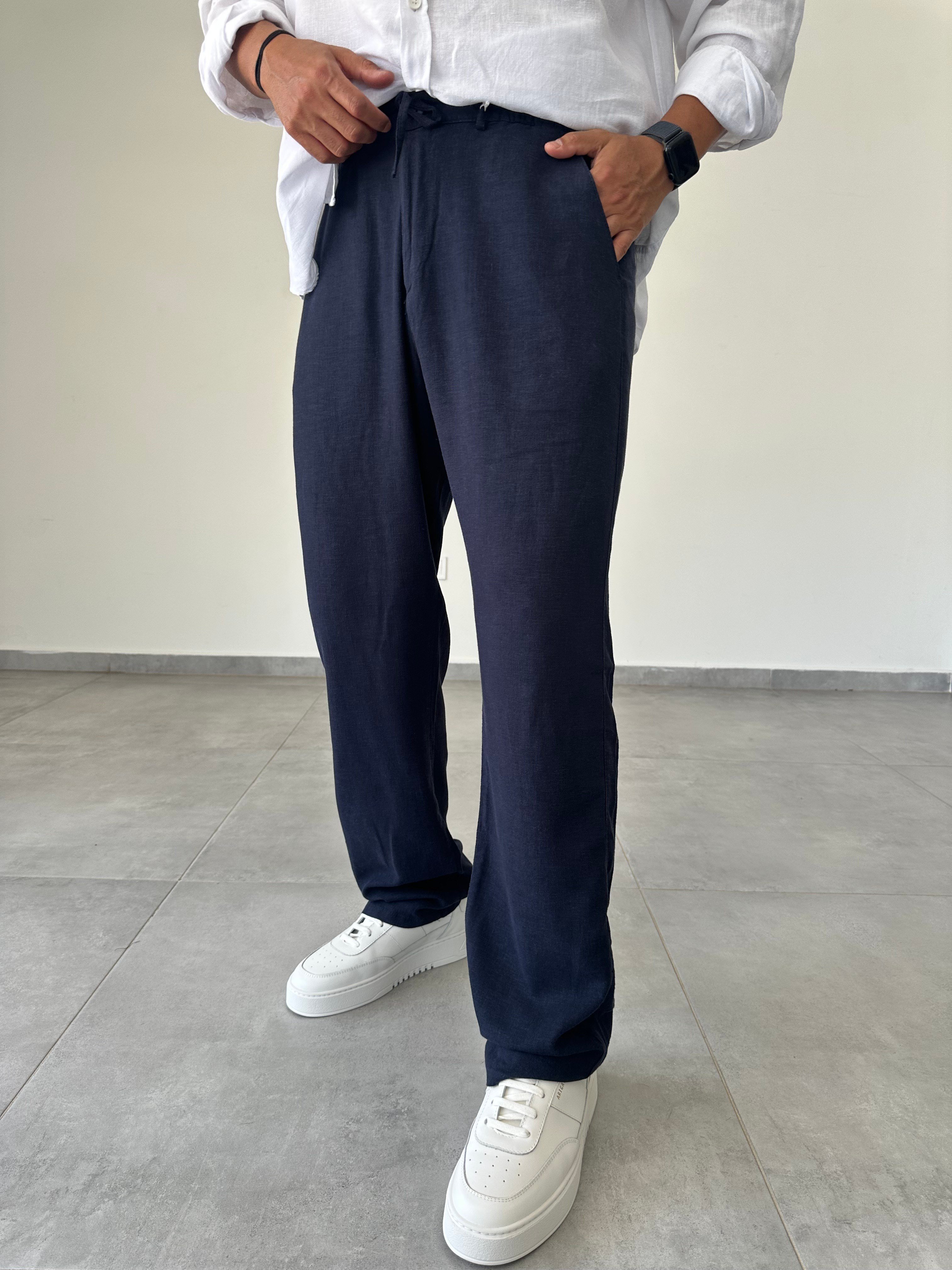 Lacivert Renk Bel Kısmı Lastik Ve Bağcık Detaylı Yıkamalı Keten Pantolon