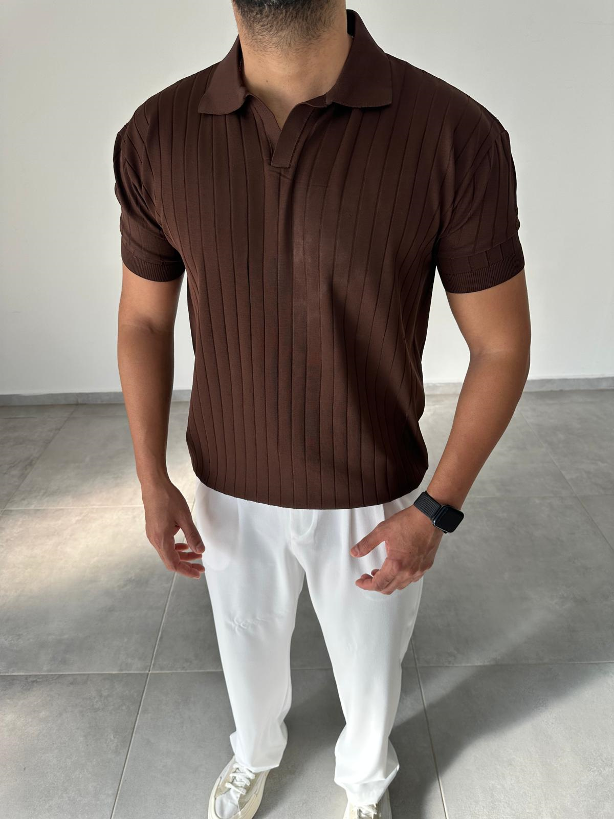 Kahve Renk Şerit Detaylı Polo Yaka T-Shirt