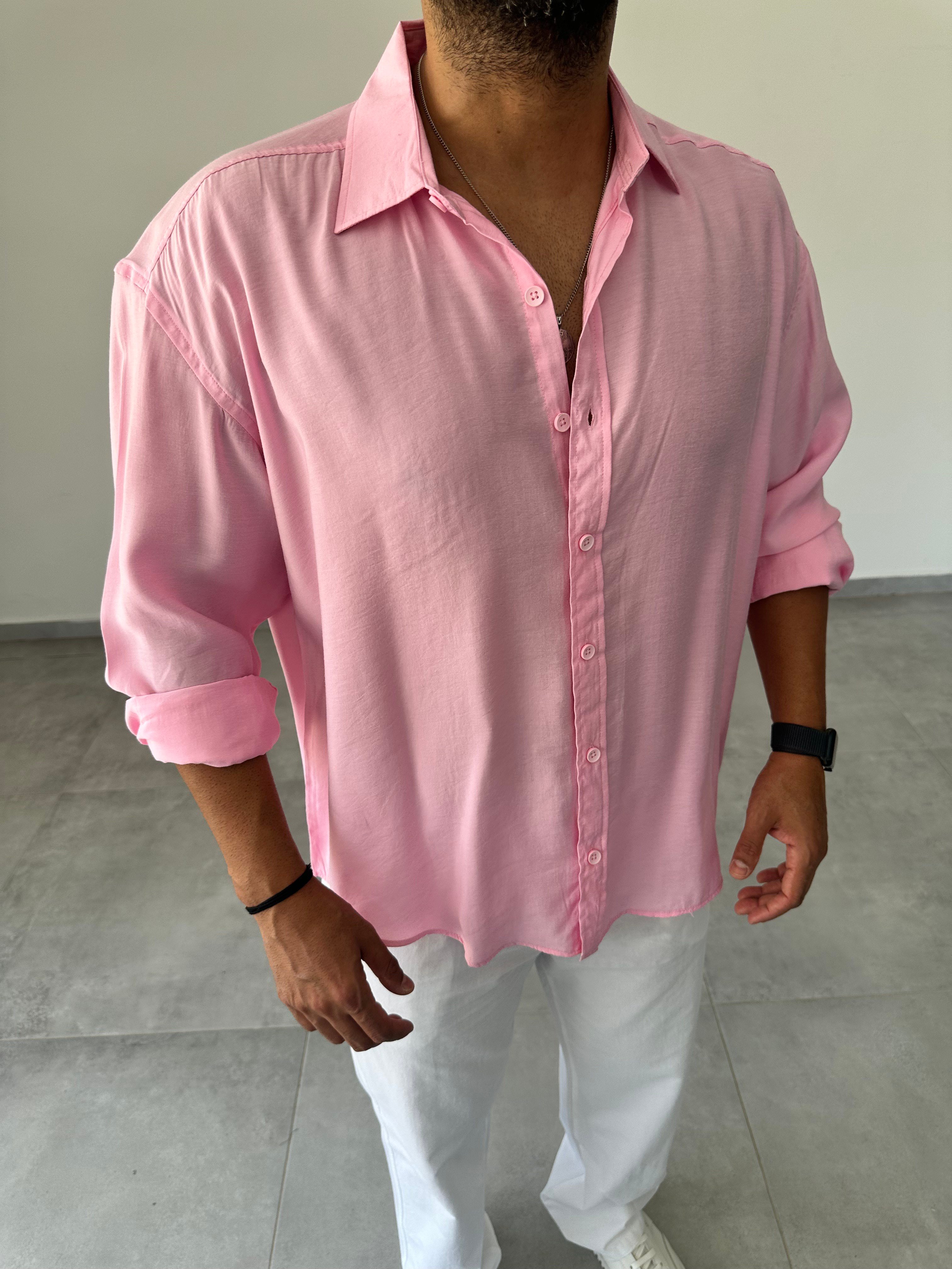 Pembe Renk Modal Kumaş Oversize Kesim Basic Gömlek
