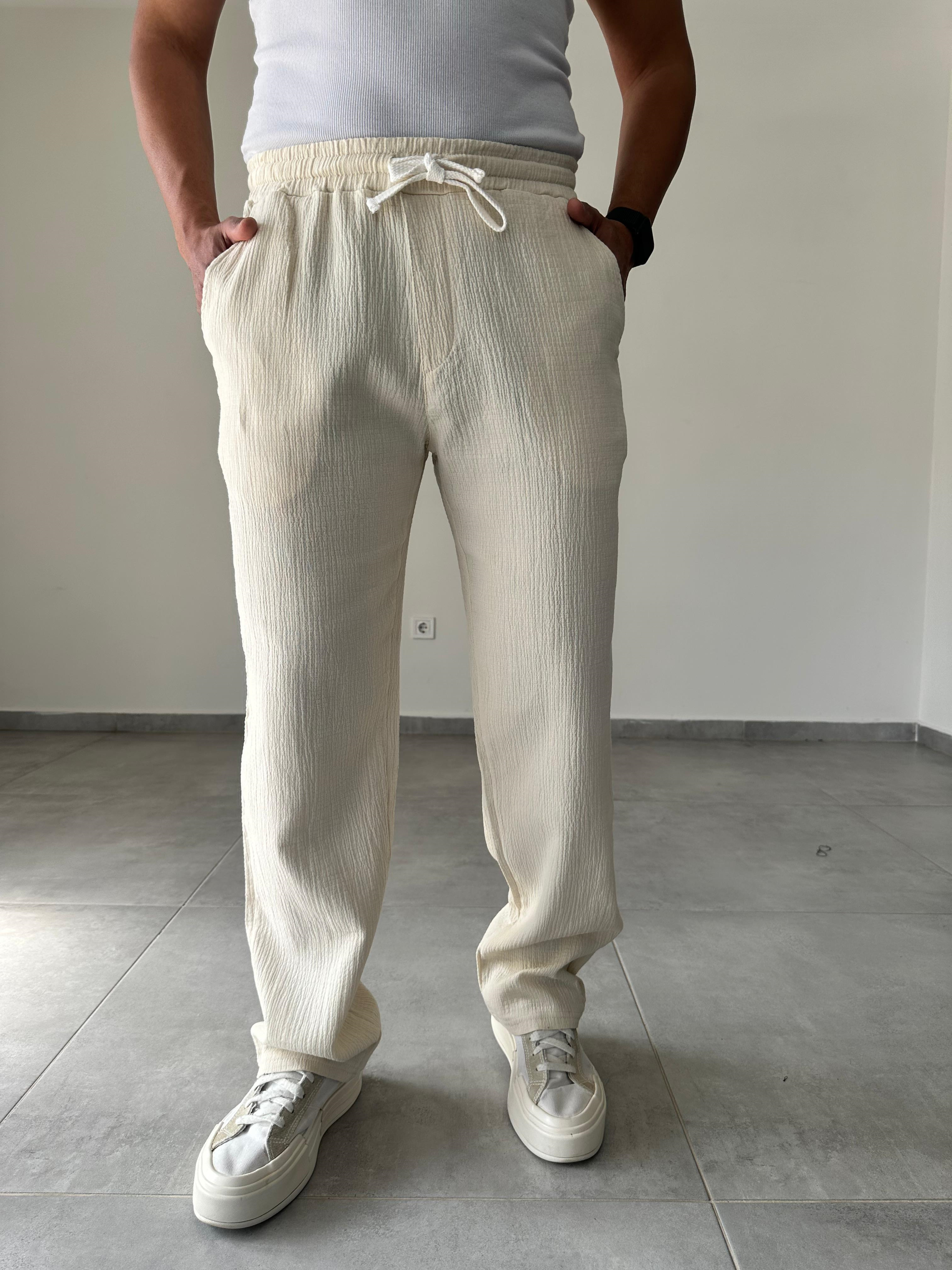 Bej Renk Müslin Keten Baggy Pantolon