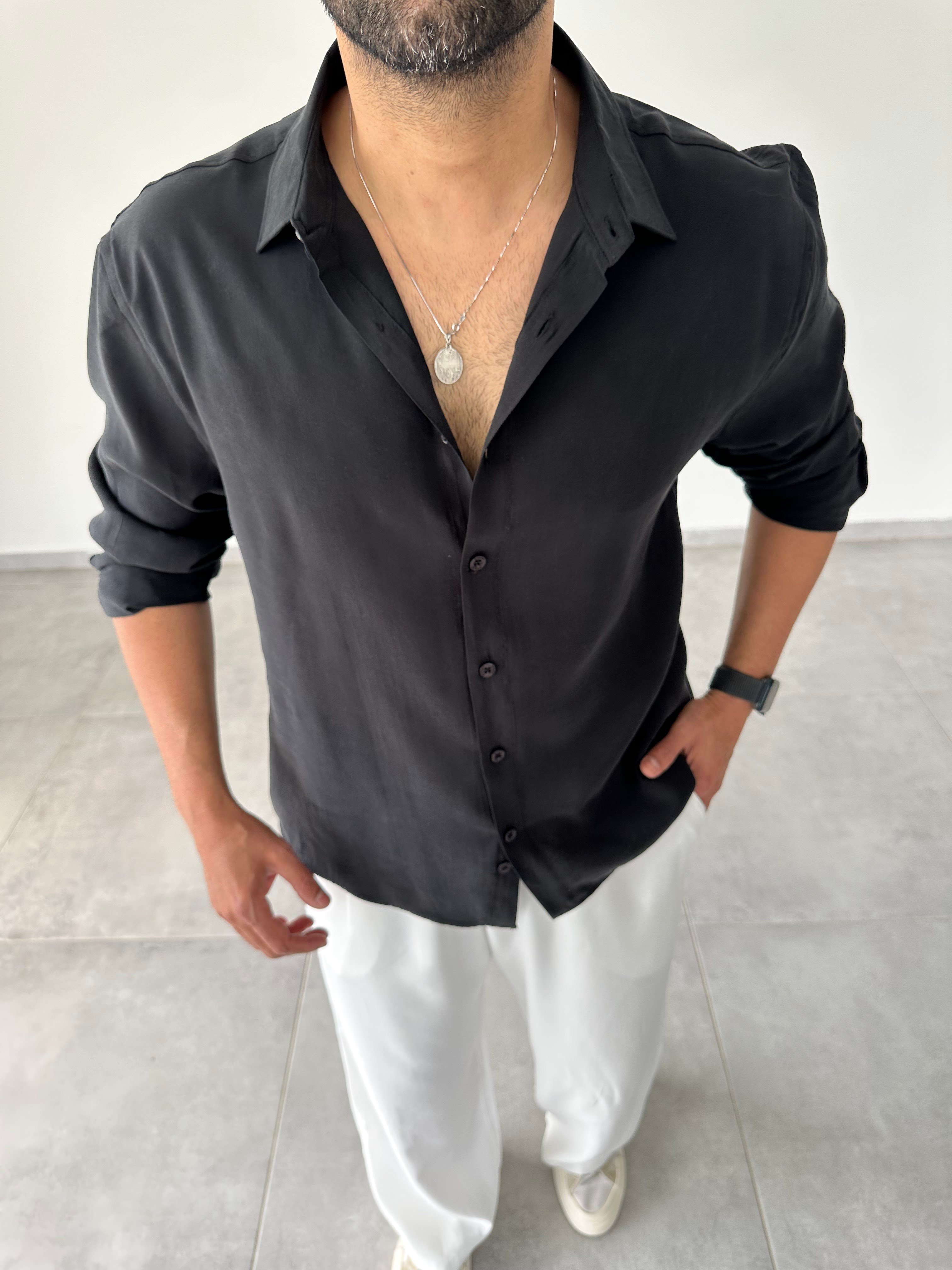 Siyah Modal Kumaş Oversize Basic Gömlek